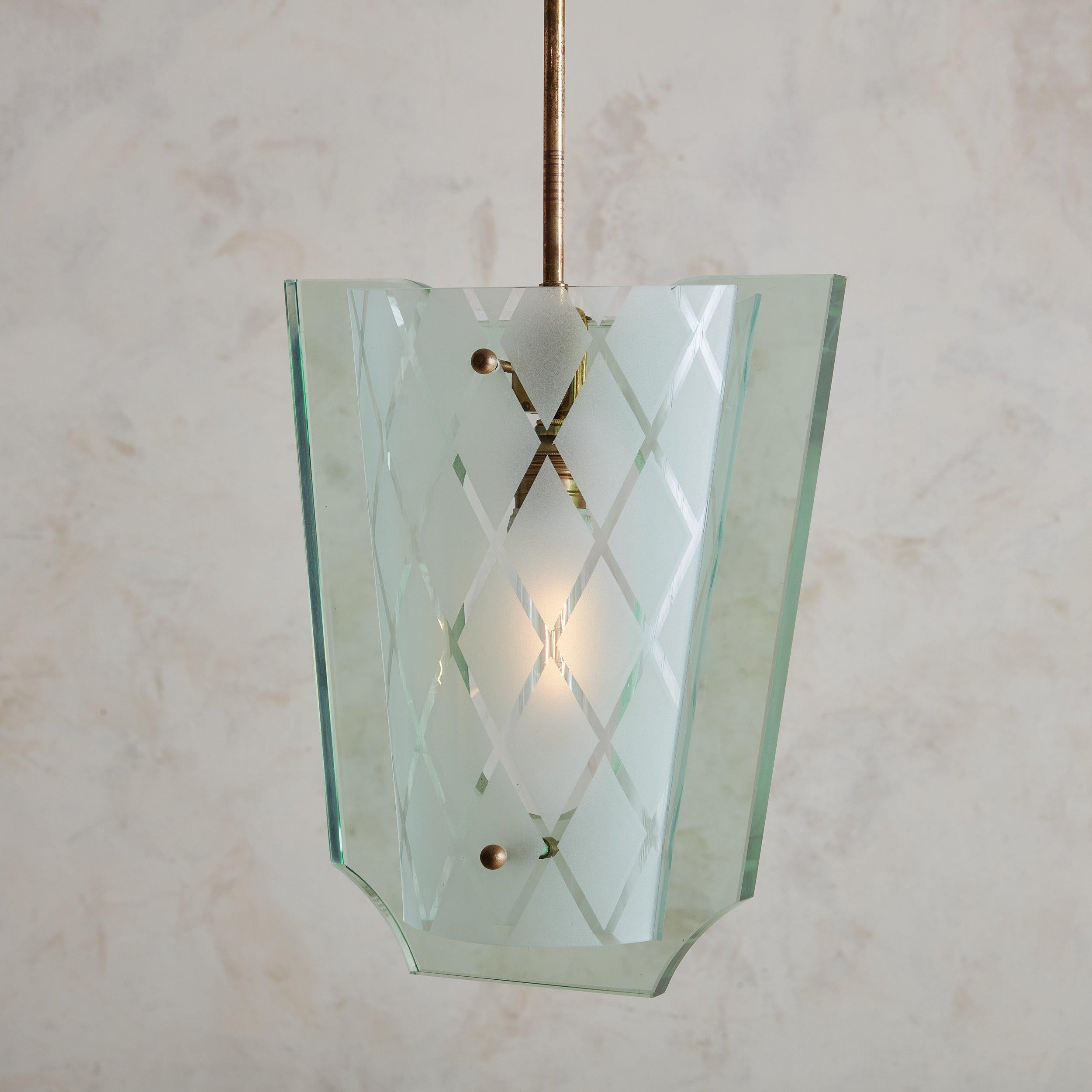 Mid-20th Century Italian Brass+Glass Pendant Light by Pietro Chiesa for Fontana Arte, Italy 1950s For Sale