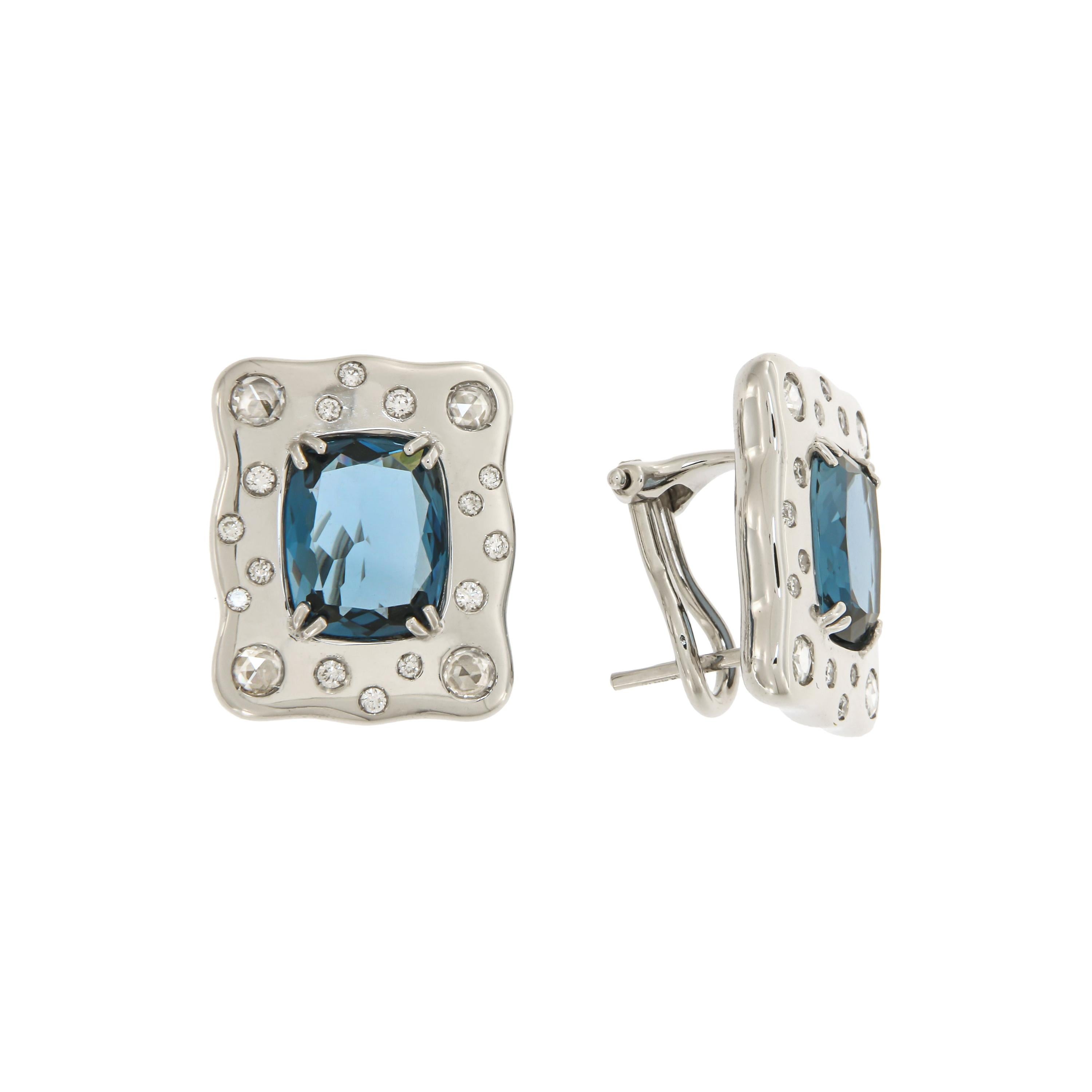 Italian Breathtaking 18k London Blue Topaz Diamonds White Gold Earrings for Her