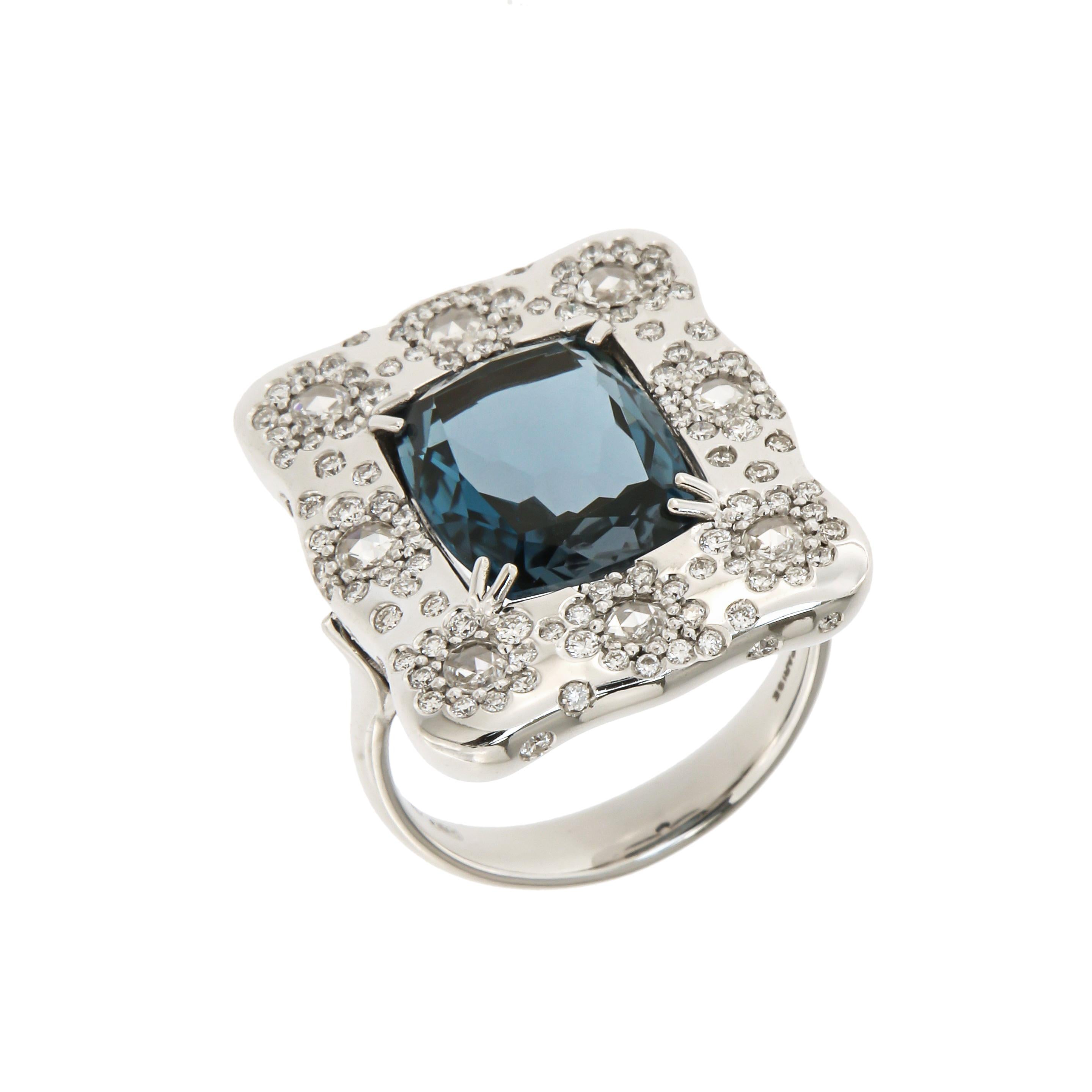 Antique Cushion Cut Italian Breathtaking 18k London Blue Topaz Diamonds White Gold Ring for Her For Sale