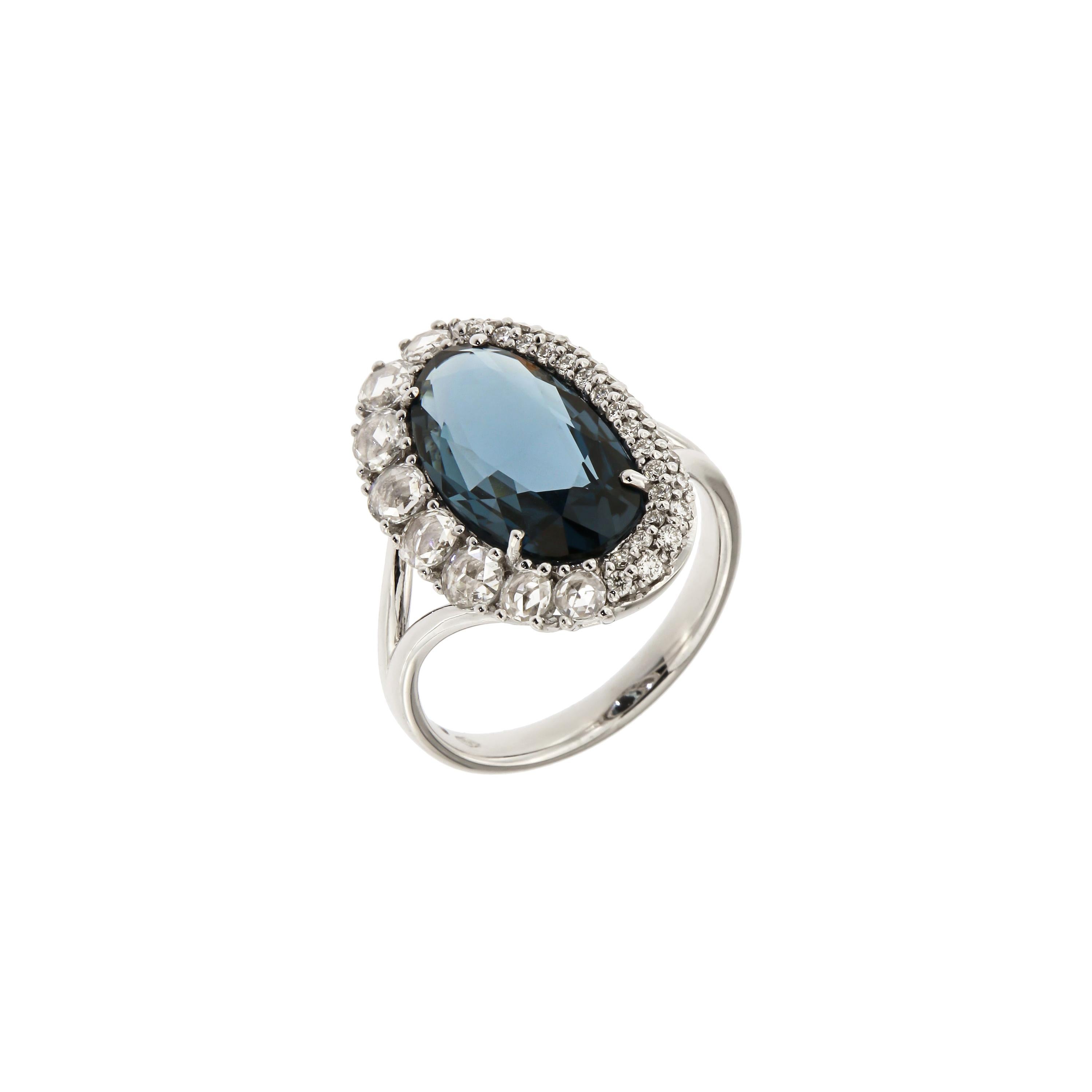 Italian Breathtaking 18k London Blue Topaz Diamonds White Gold Ring for Her For Sale