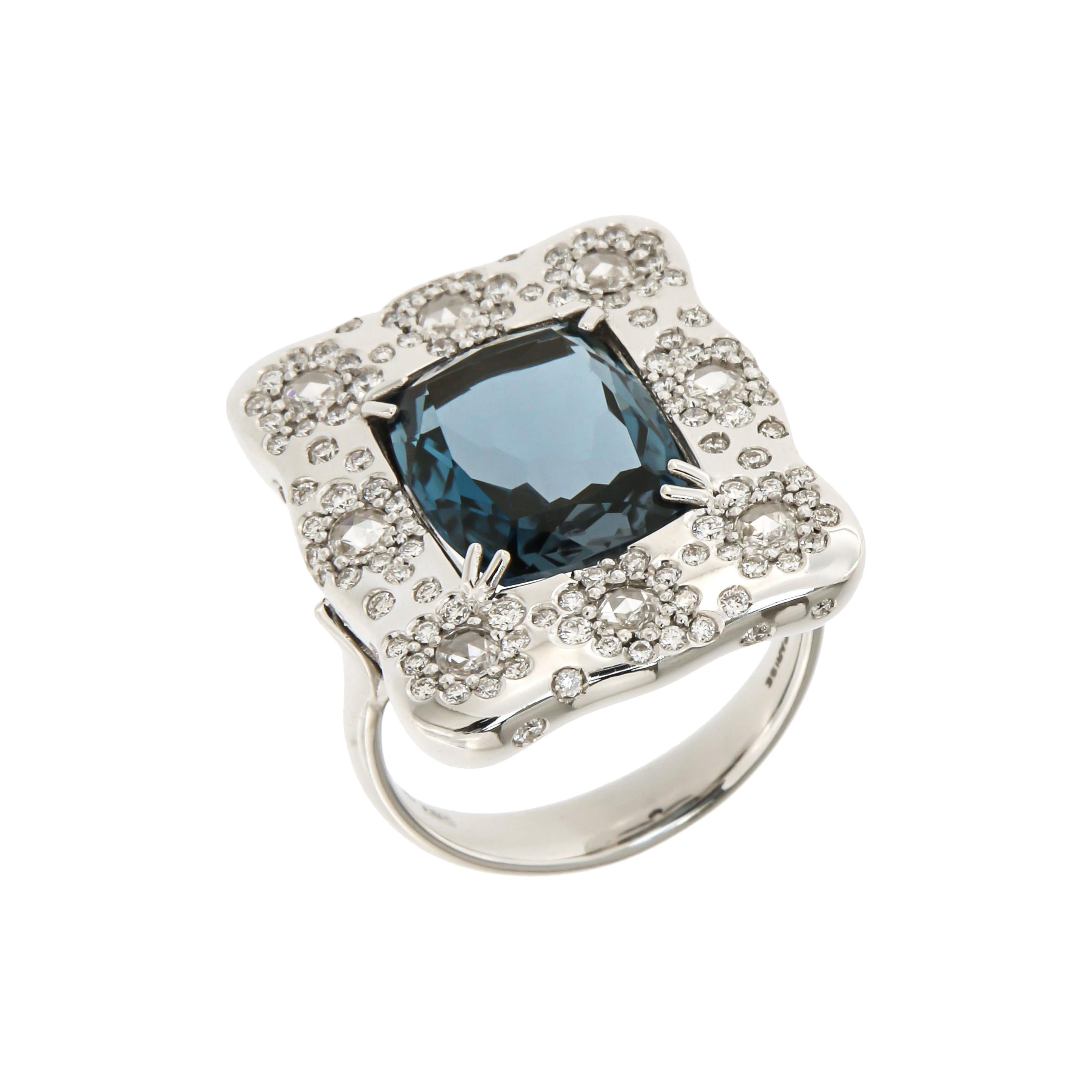 Italian Breathtaking 18k London Blue Topaz Diamonds White Gold Ring for Her