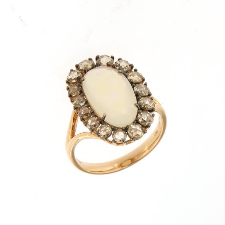 Italienische atemberaubende italienische Halskette mit Anhänger, 18 Karat Opal, braune Diamanten, Roségold (Antiker Kissenschliff) im Angebot