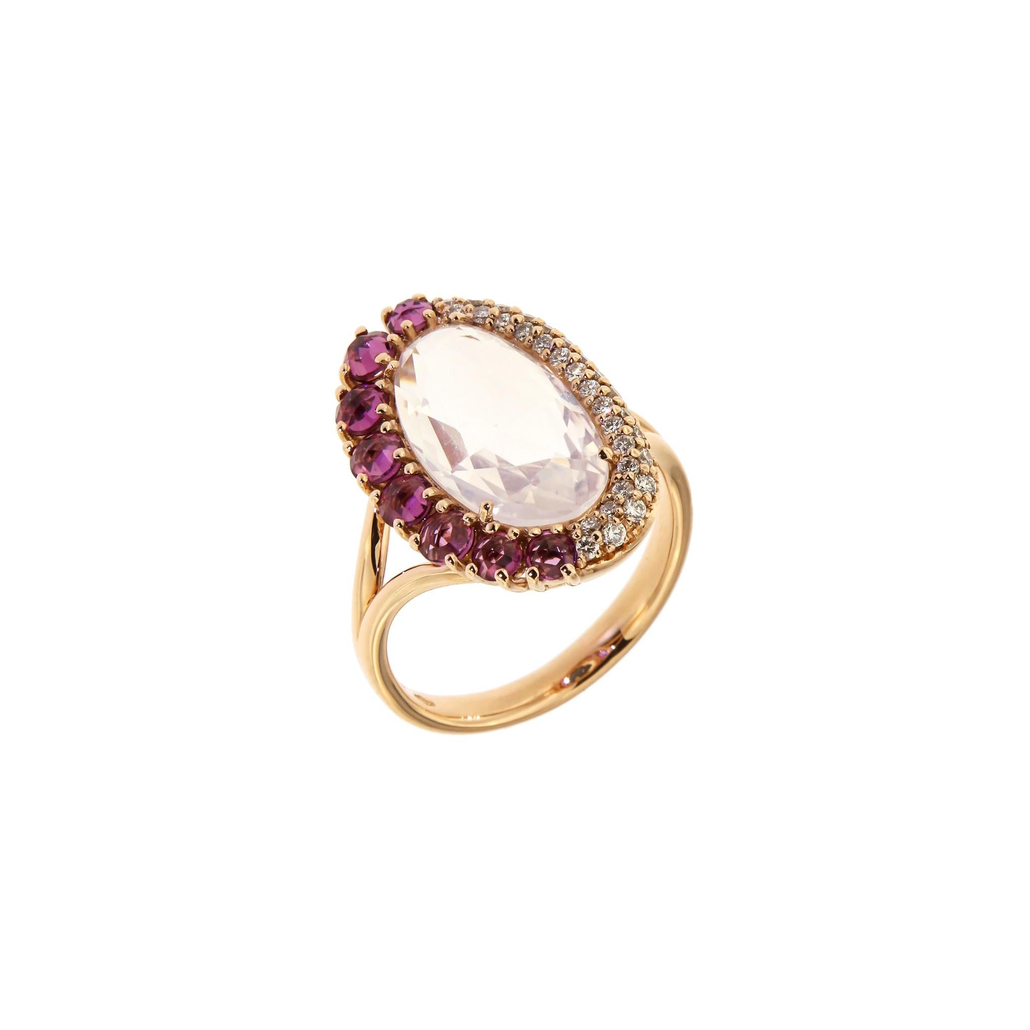 Italian Breathtaking 18k Quartz Rhodolite Brown Diamonds Rose Gold Ring for Her