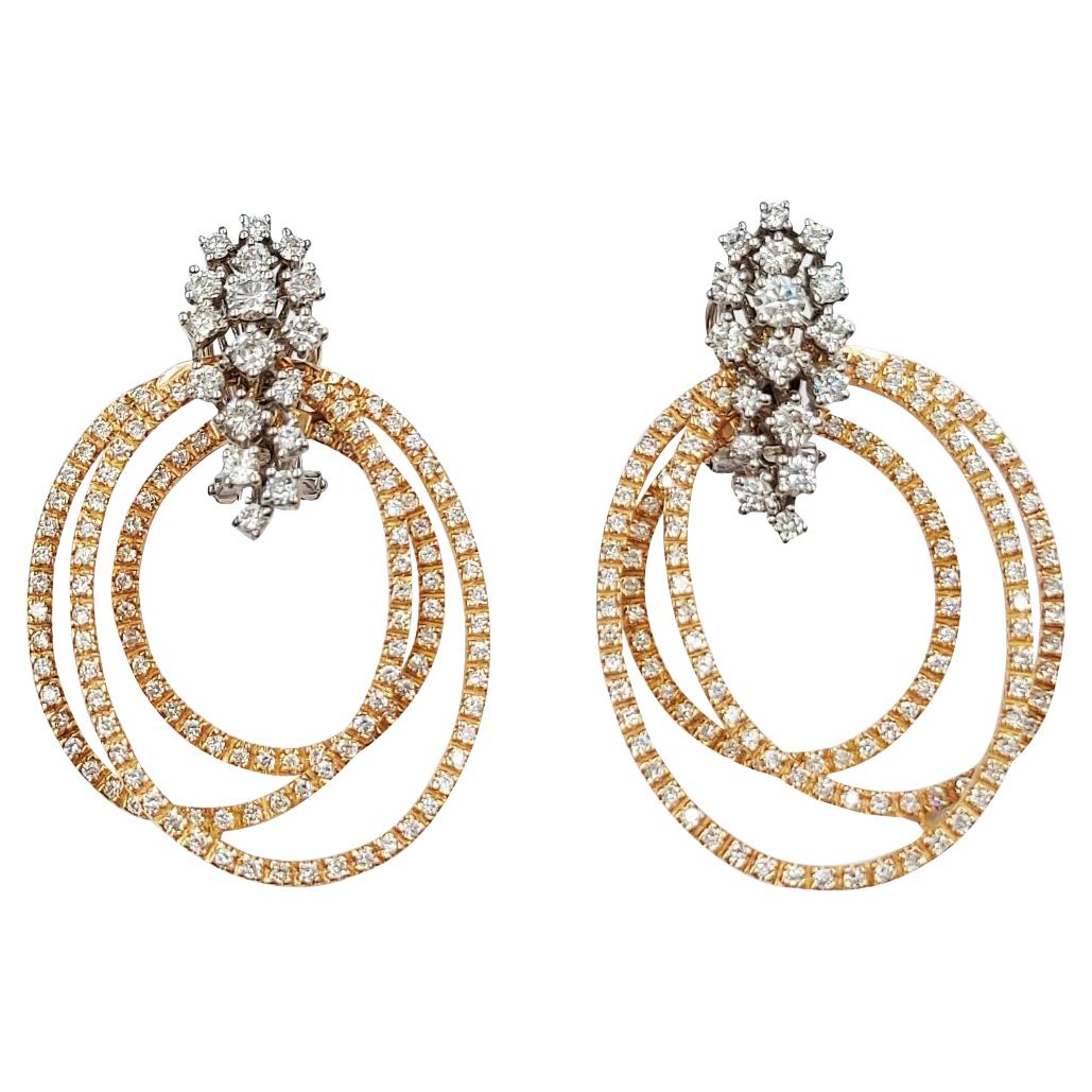 Boucles d'oreilles italiennes en or blanc et rose 18 carats avec diamants taille brillant de 3,27 carats