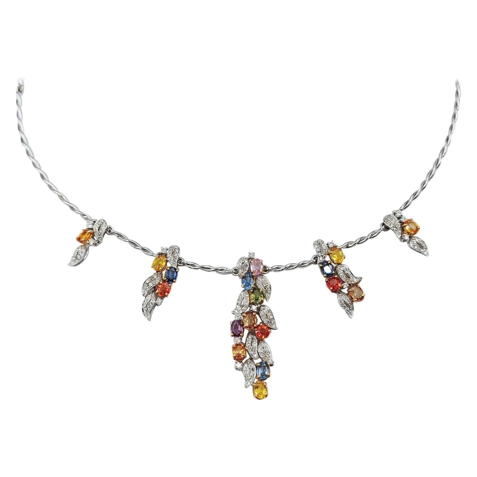 Italian Brilliant Cut Diamond Colored Sapphire 18 Carats White Gold Necklace