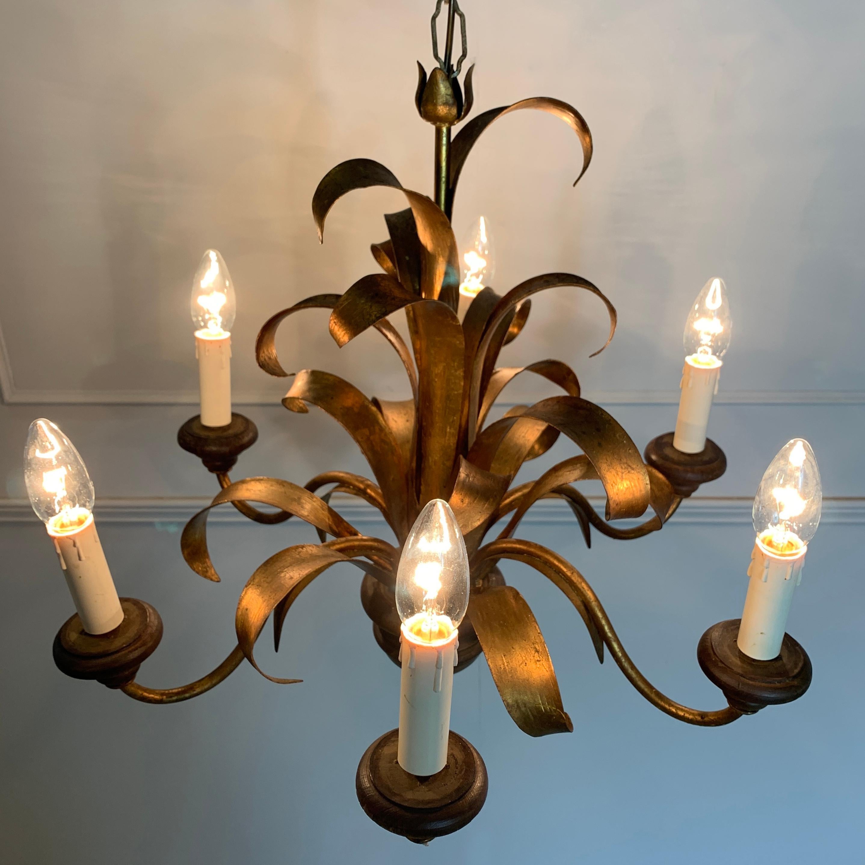 20th Century Italian Broad Leaf Gold Chandelier, C 1970’s For Sale