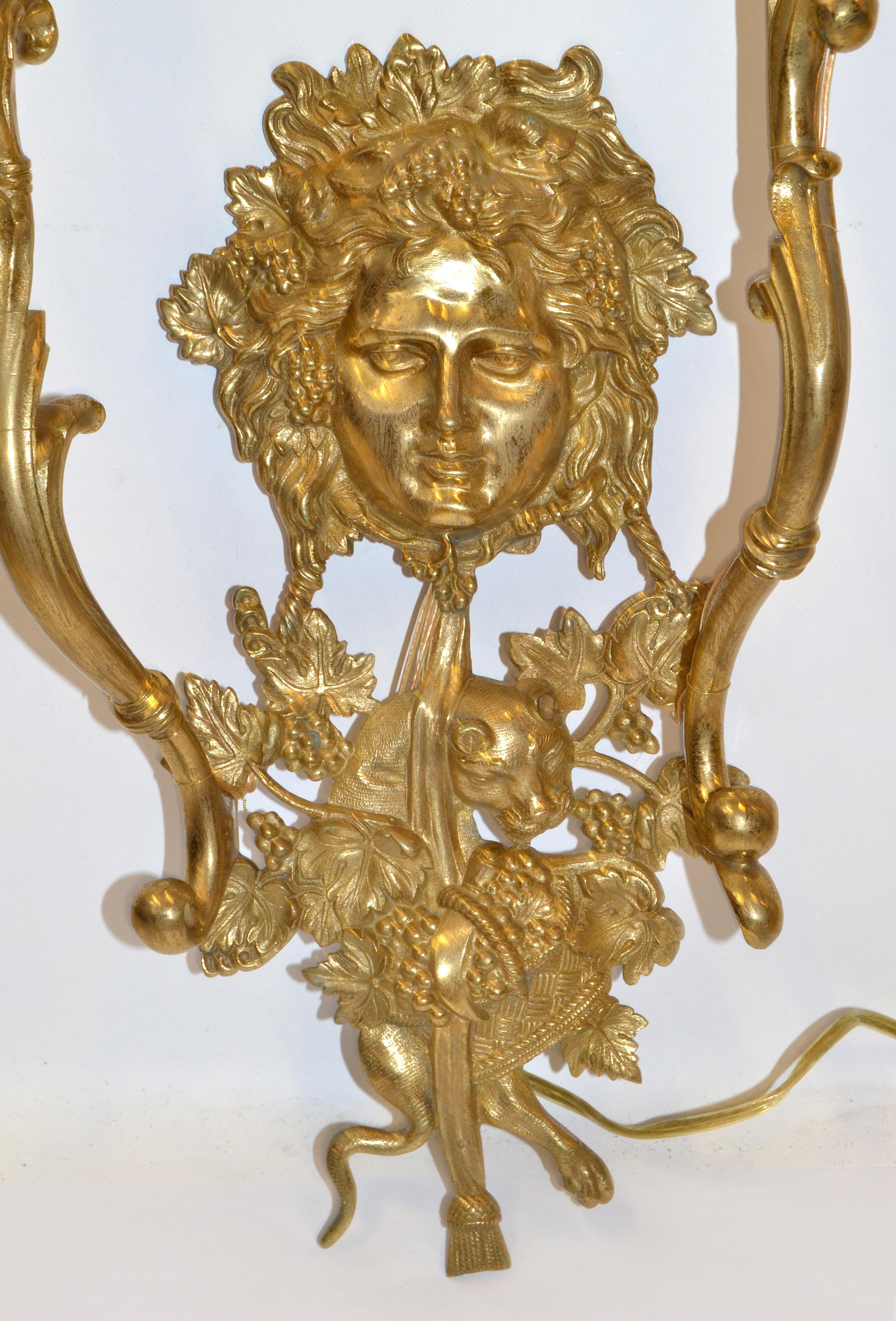 Italian Bronze 2 Arm Sconce Bacchus Face Grapes Panther Flame Torch Gilt Shades For Sale 3