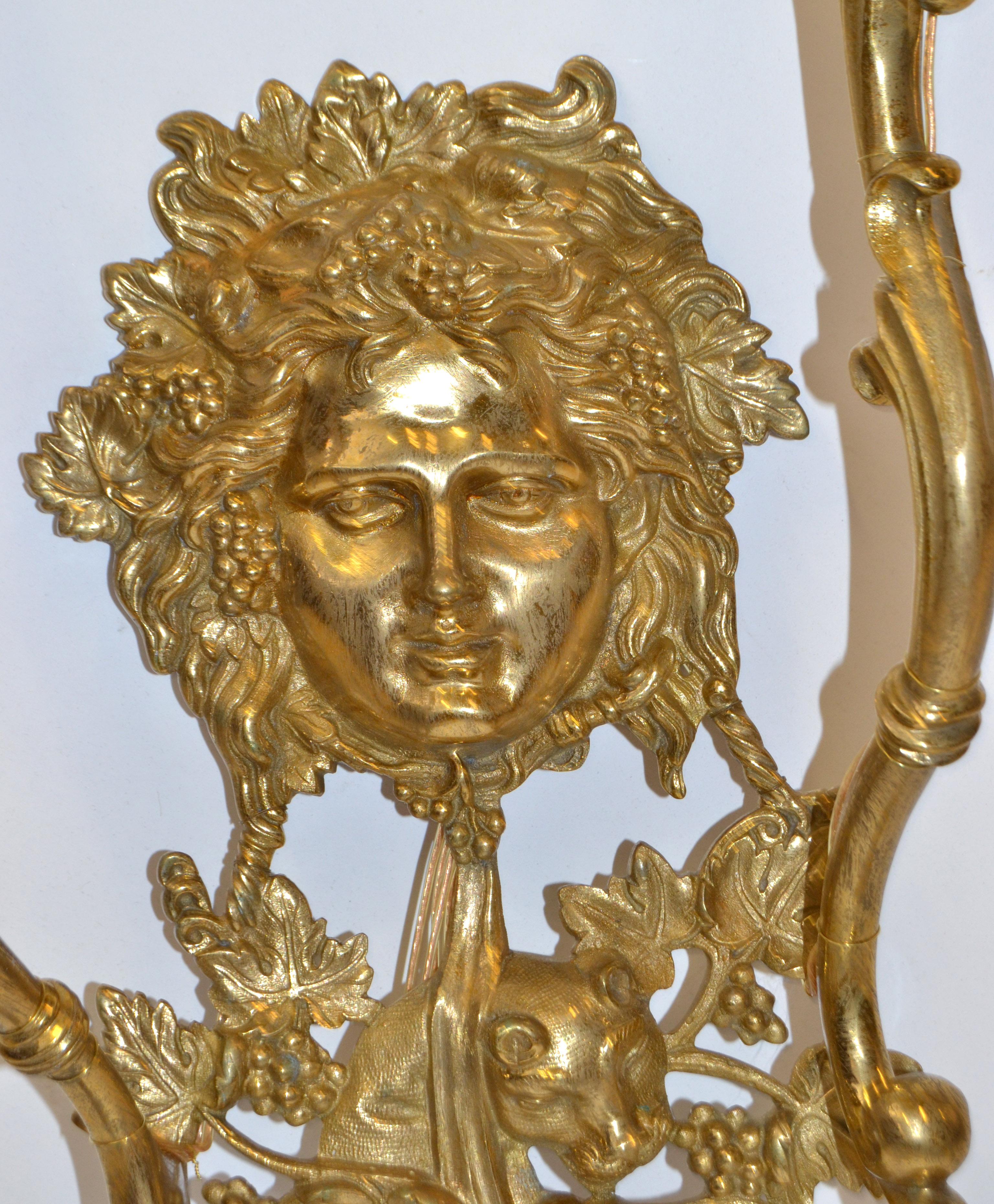 Italian Bronze 2 Arm Sconce Bacchus Face Grapes Panther Flame Torch Gilt Shades For Sale 4