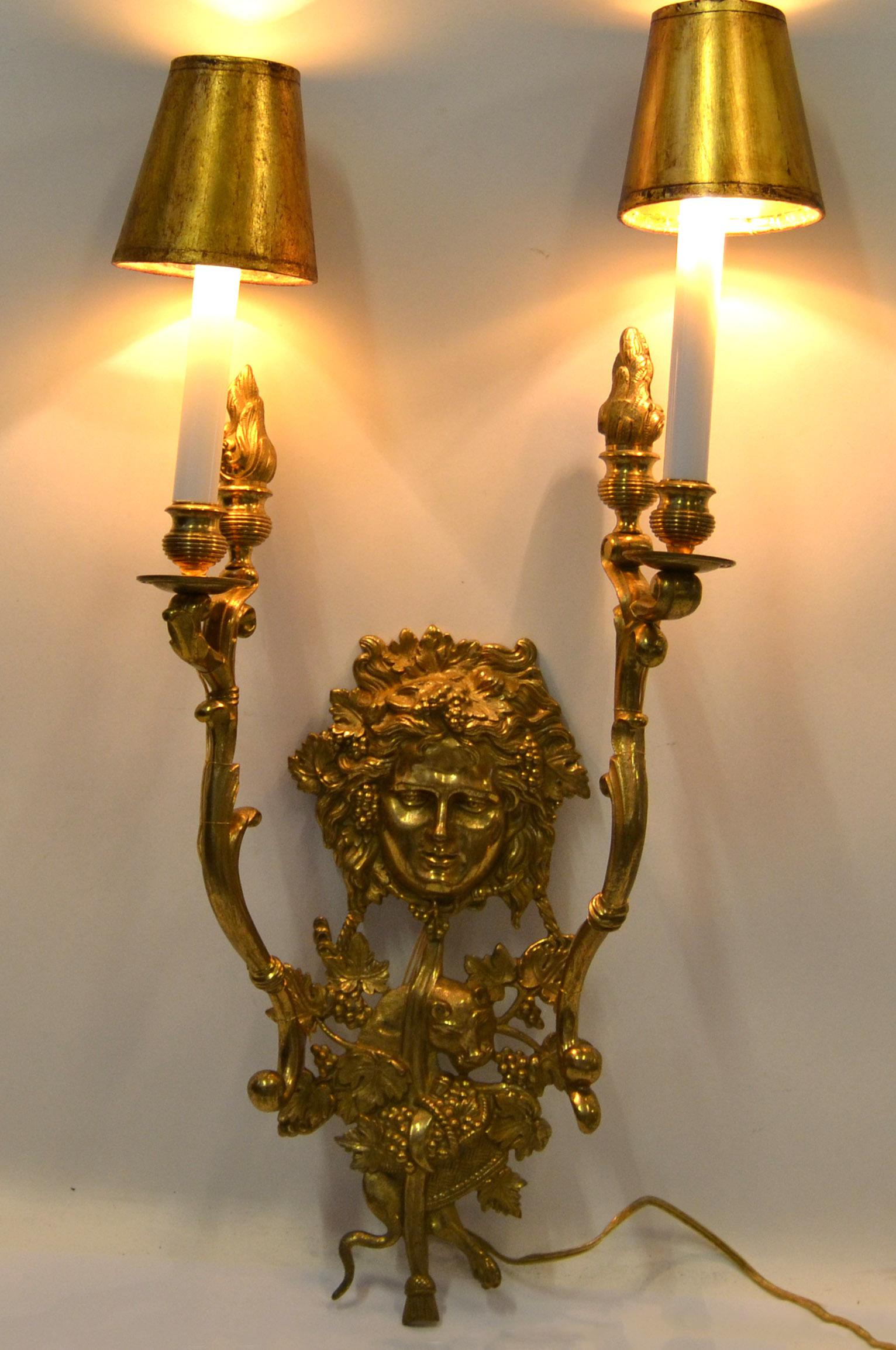 Italian Bronze 2 Arm Sconce Bacchus Face Grapes Panther Flame Torch Gilt Shades For Sale 5