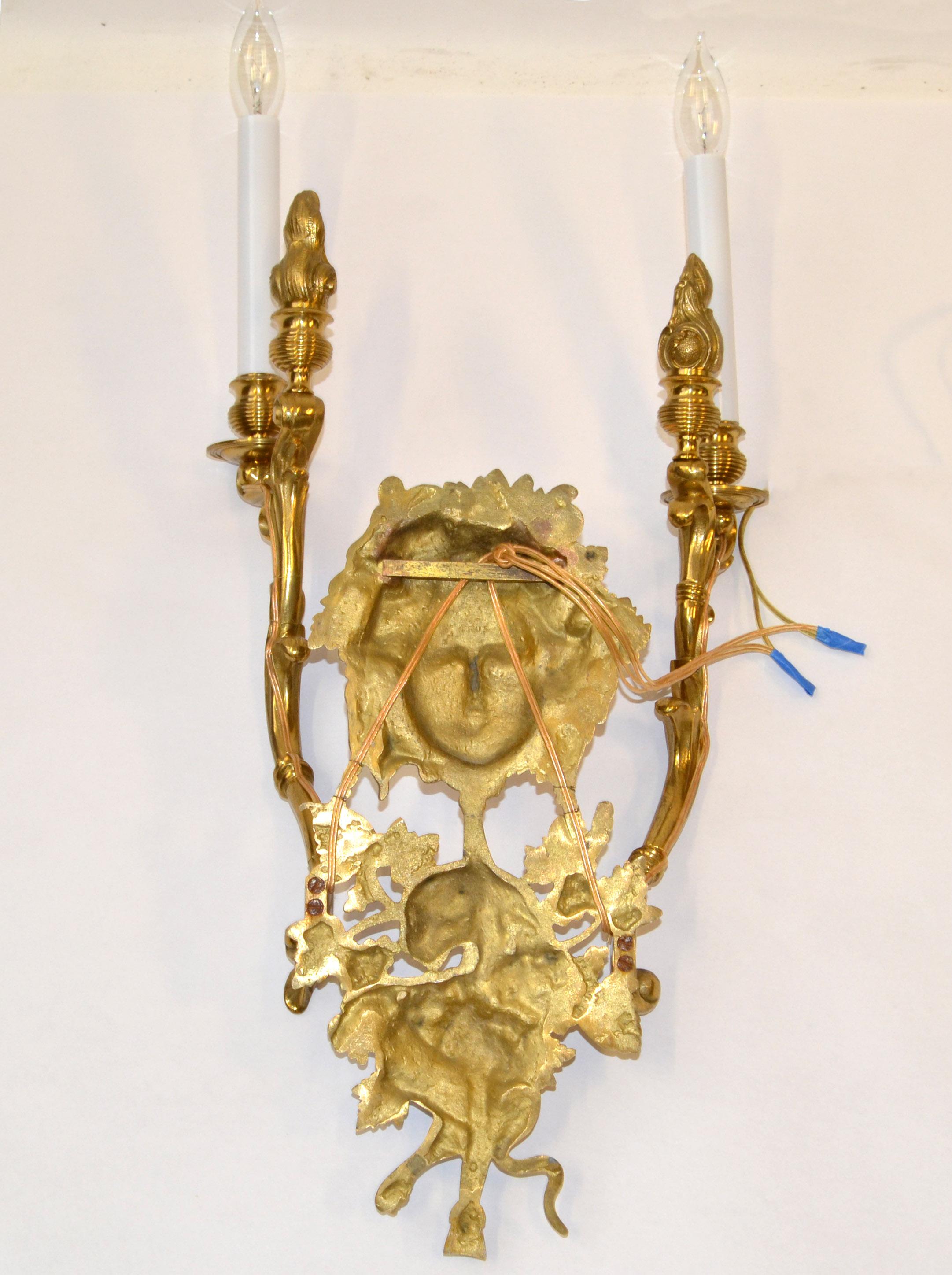 Italian Bronze 2 Arm Sconce Bacchus Face Grapes Panther Flame Torch Gilt Shades For Sale 6