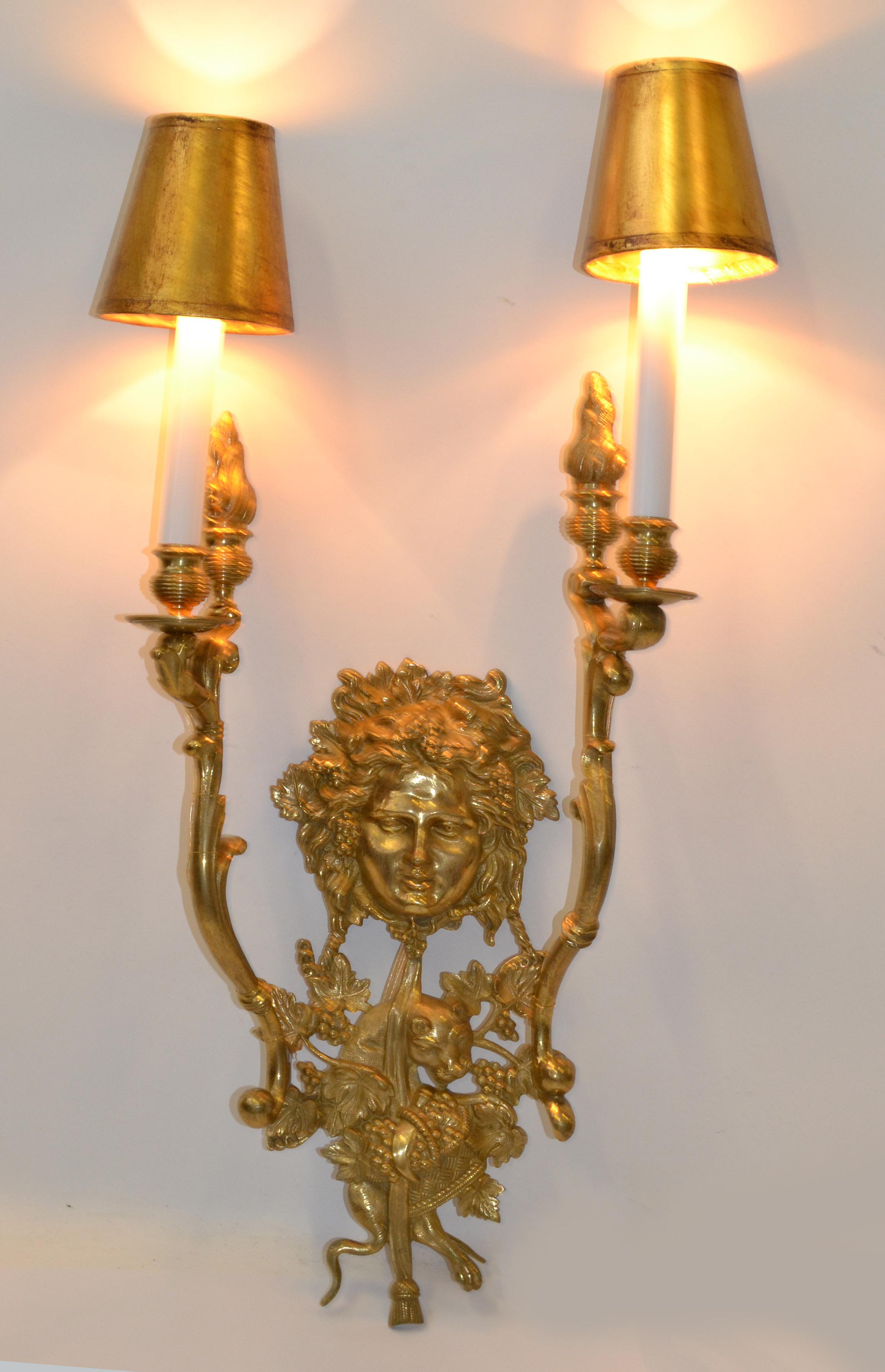 Italian Bronze 2 Arm Sconce Bacchus Face Grapes Panther Flame Torch Gilt Shades For Sale 7