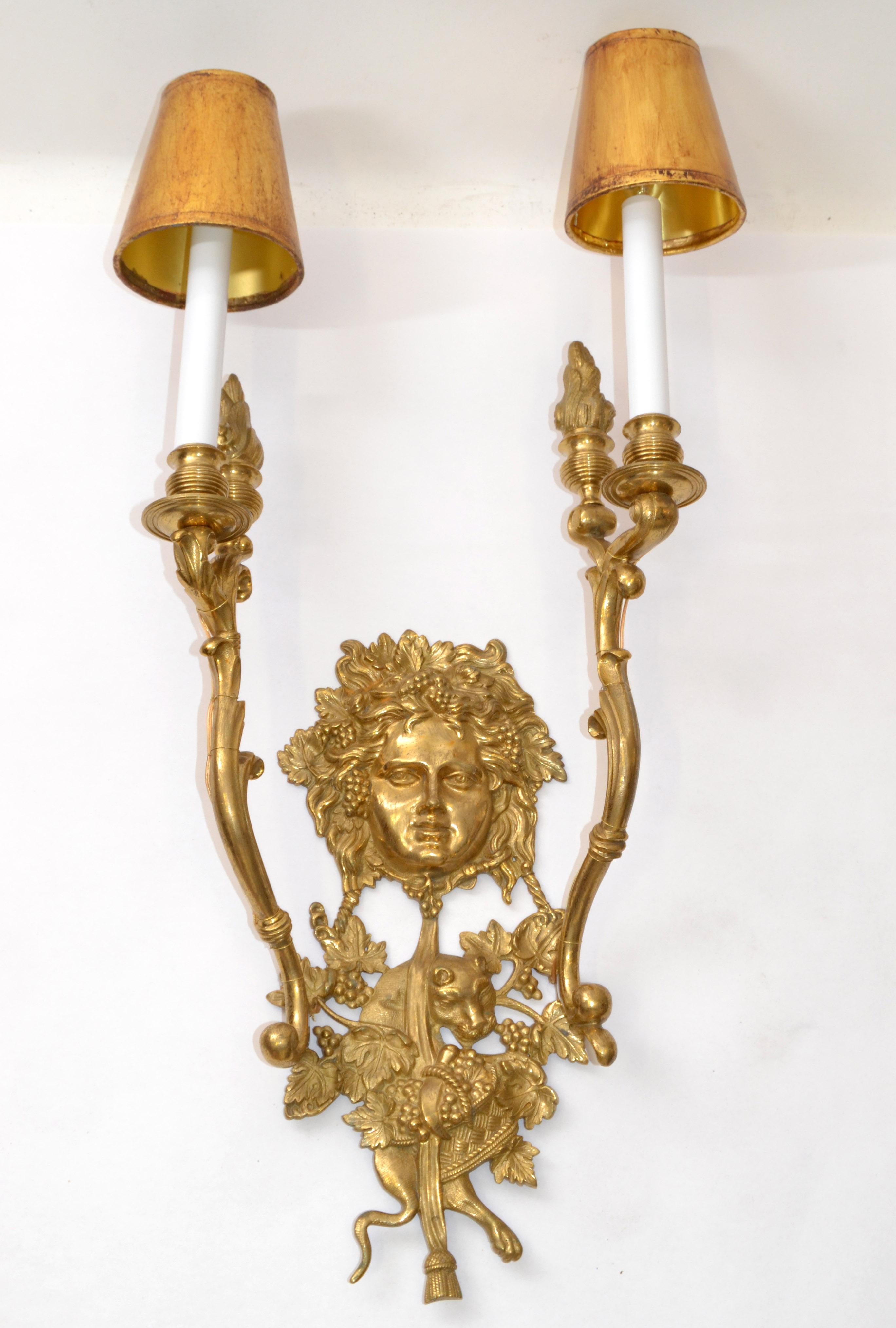 Italian Bronze 2 Arm Sconce Bacchus Face Grapes Panther Flame Torch Gilt Shades For Sale 8