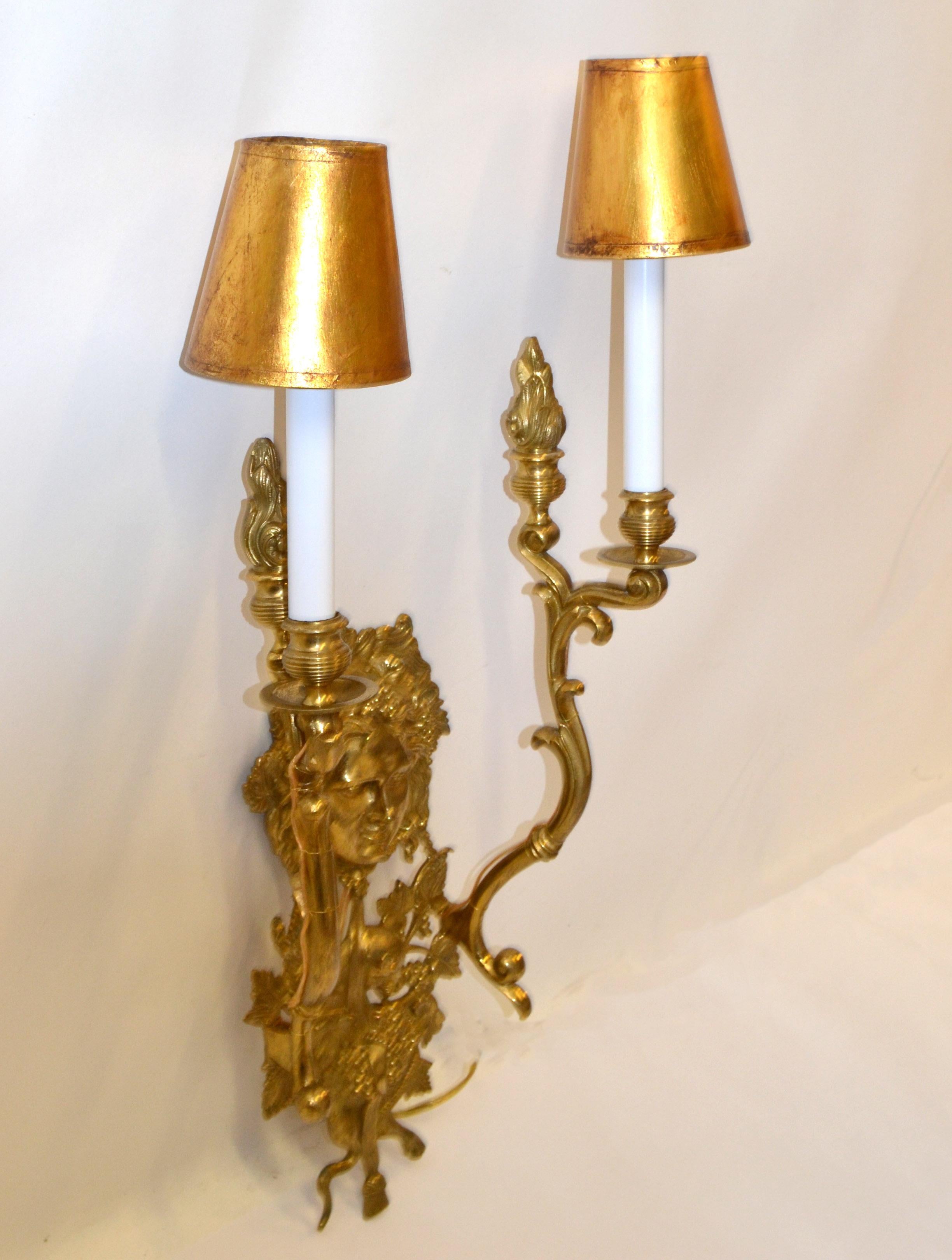 Louis XVI Italian Bronze 2 Arm Sconce Bacchus Face Grapes Panther Flame Torch Gilt Shades For Sale