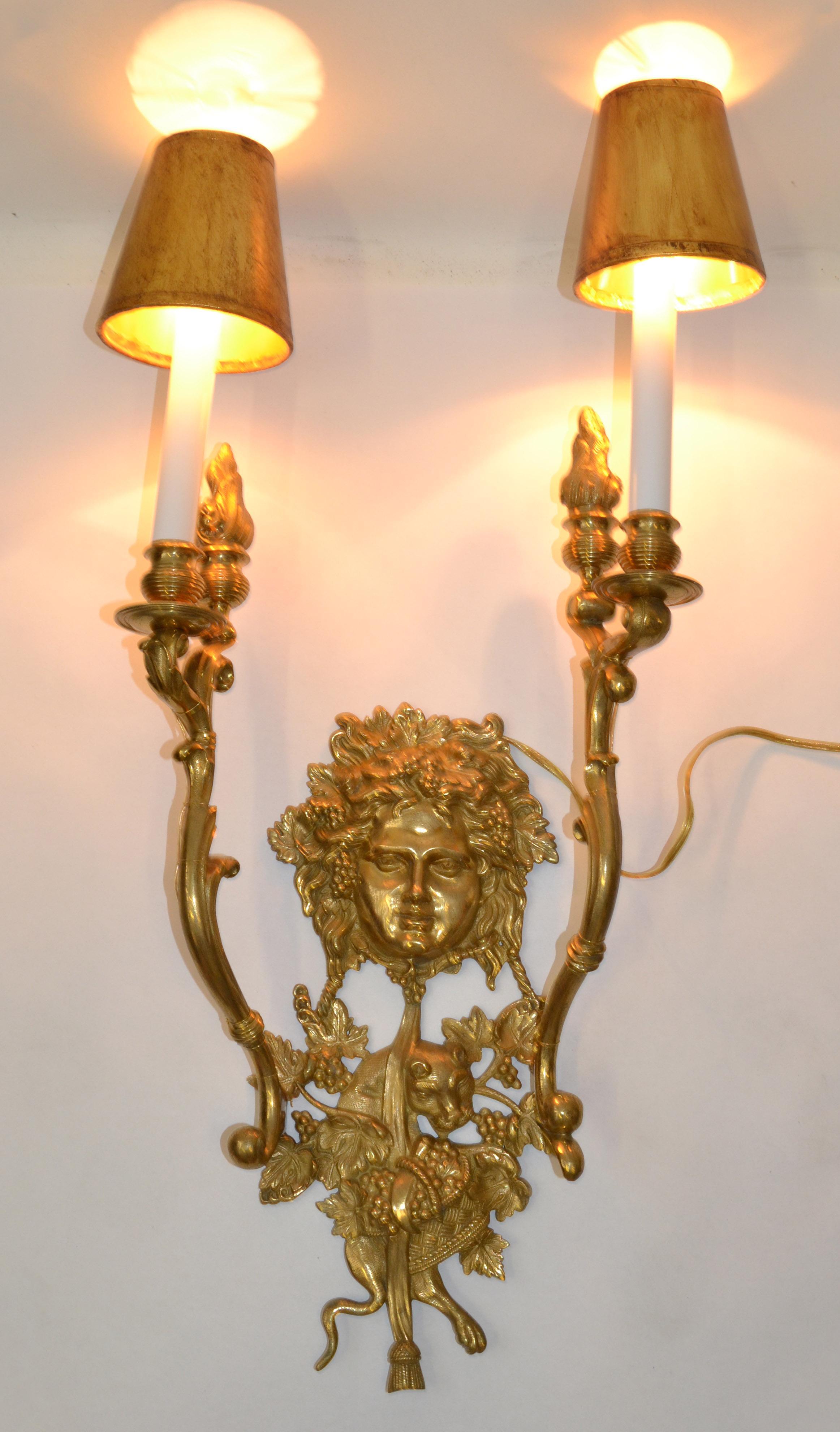 Italian Bronze 2 Arm Sconce Bacchus Face Grapes Panther Flame Torch Gilt Shades In Good Condition For Sale In Miami, FL