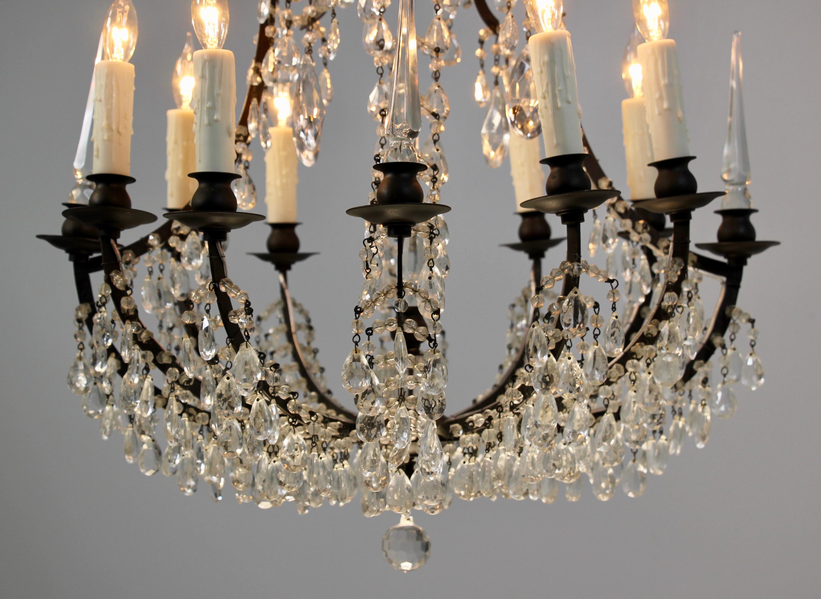 Italian Bronze and Crystal Beaded Chandelier In Good Condition In Los Angeles, CA