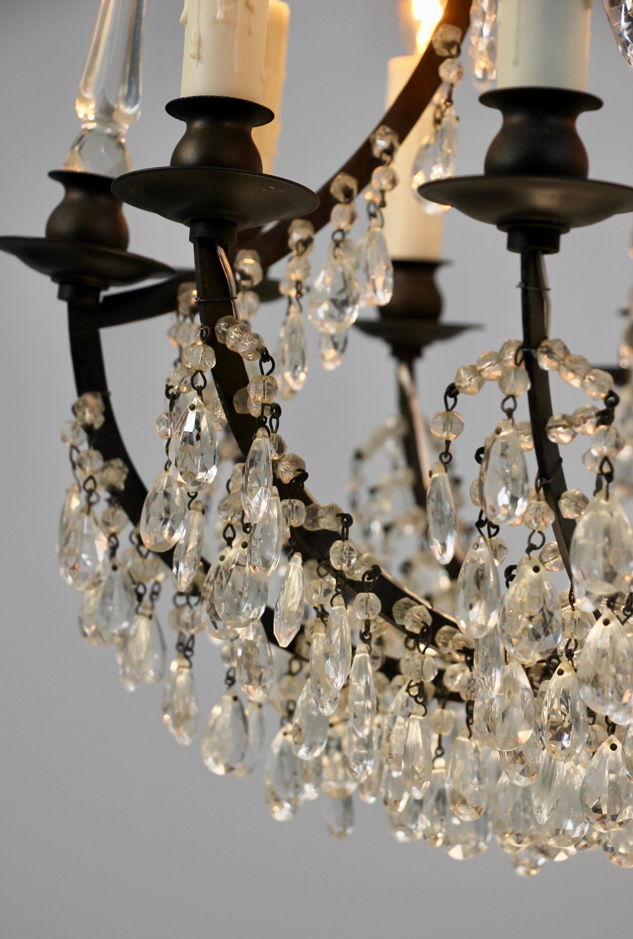 Mid-20th Century Italian Bronze and Crystal Beaded Chandelier