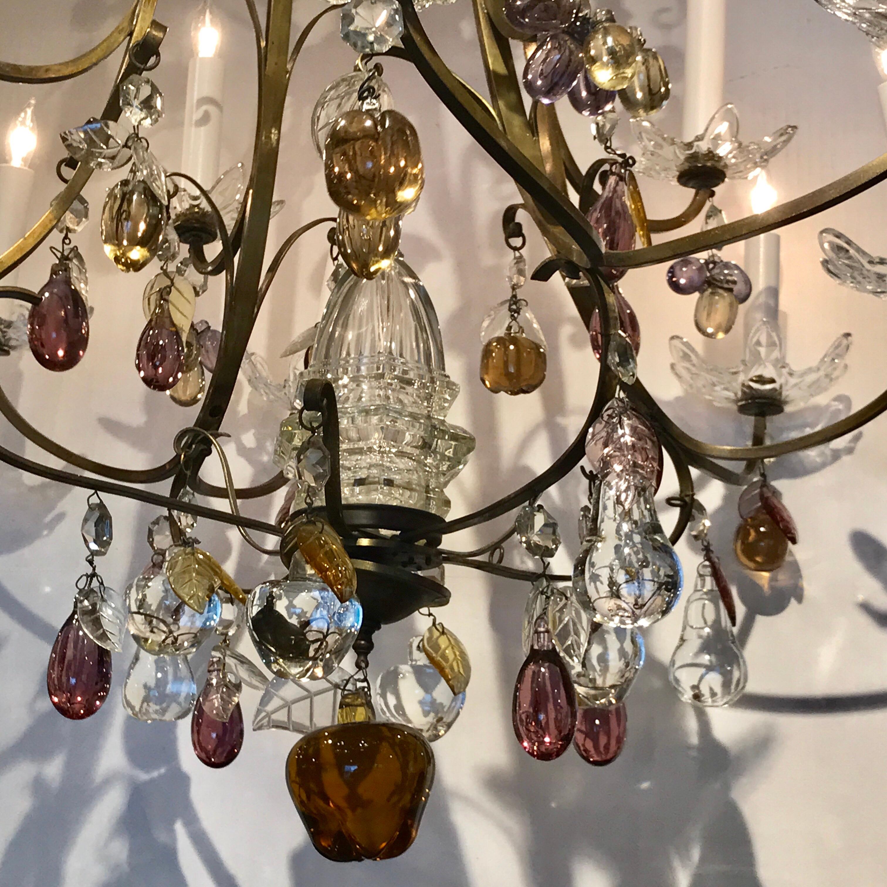Italian bronze and fruit crystal eight-light chandelier, in the Venetian taste with cut-glass bobeches.