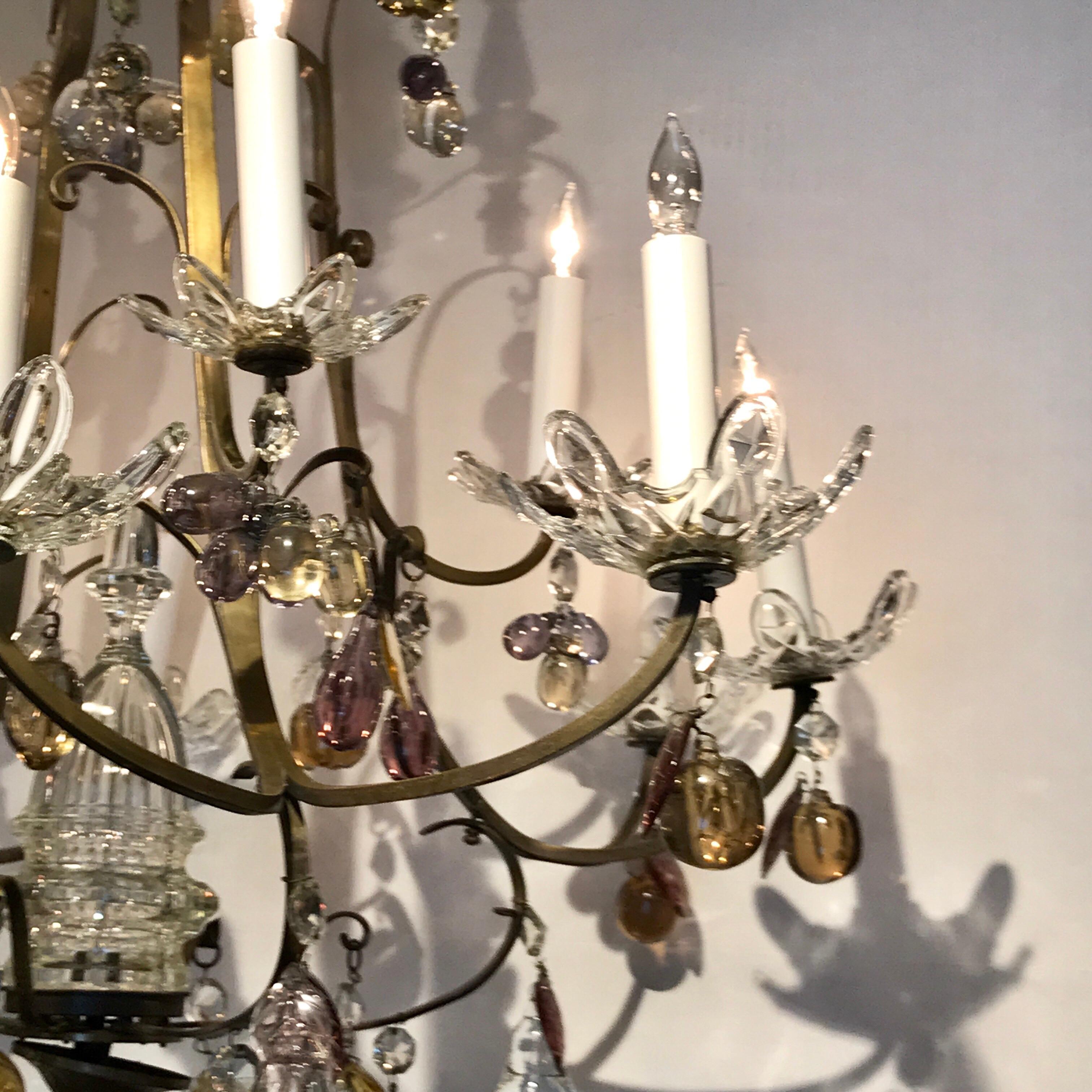 Italian Bronze and Fruit Crystal Eight-Light Chandelier In Excellent Condition For Sale In Atlanta, GA