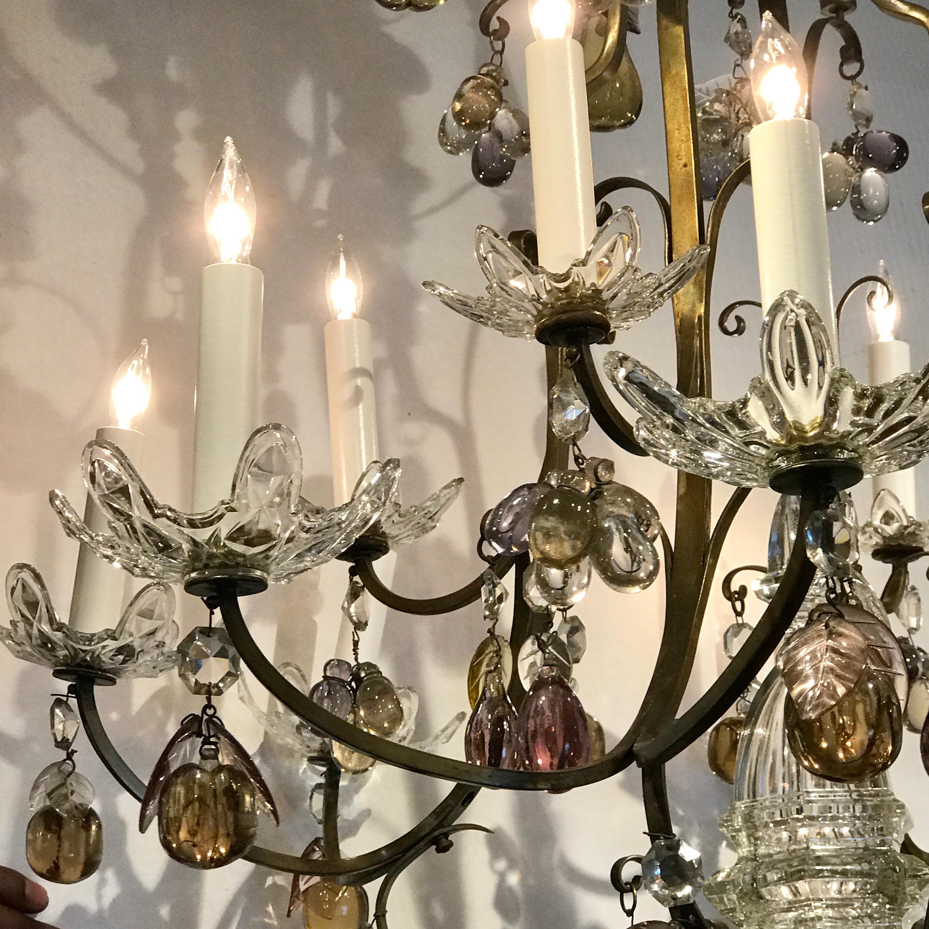 20th Century Italian Bronze and Fruit Crystal Eight-Light Chandelier For Sale