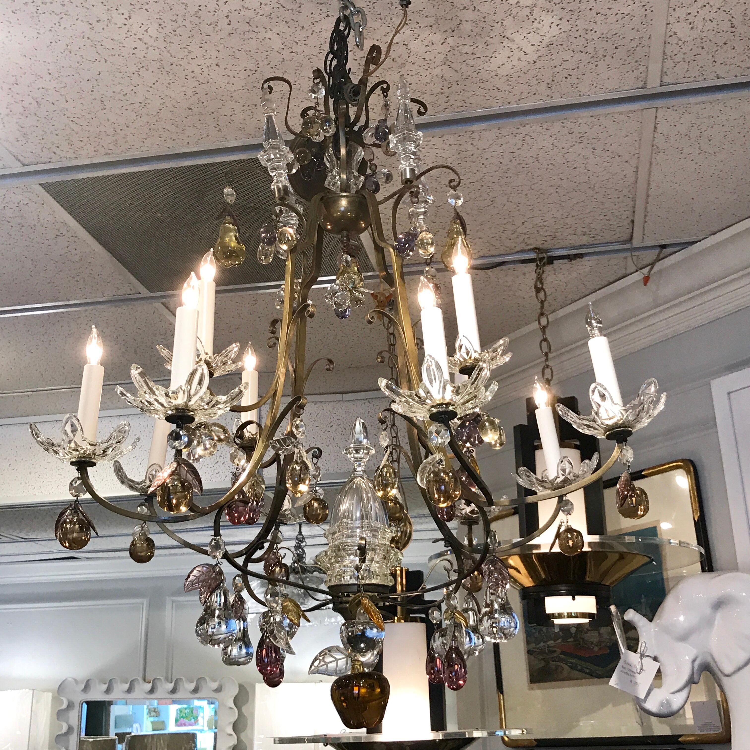 Italian Bronze and Fruit Crystal Eight-Light Chandelier For Sale 4