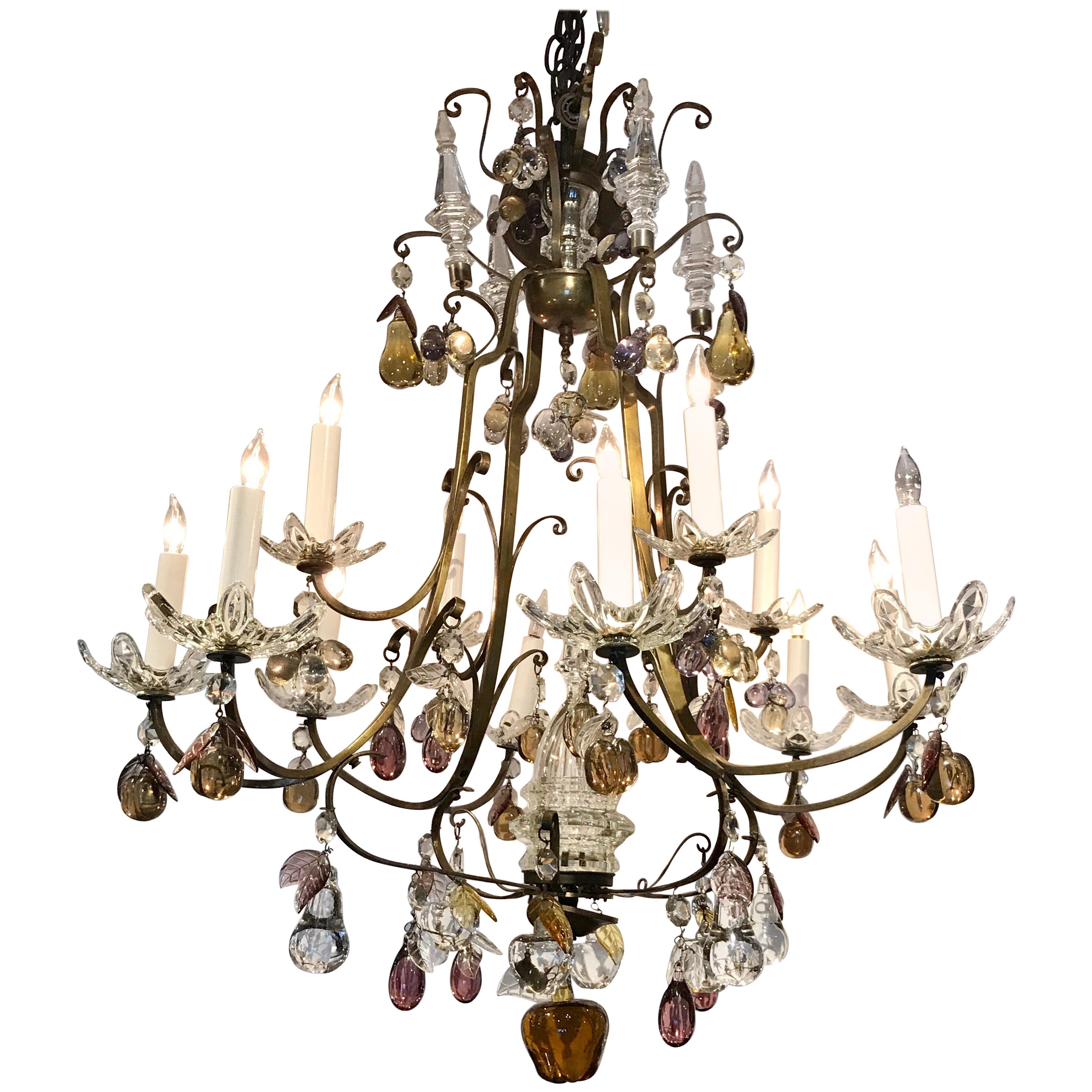 Italian Bronze and Fruit Crystal Eight-Light Chandelier For Sale