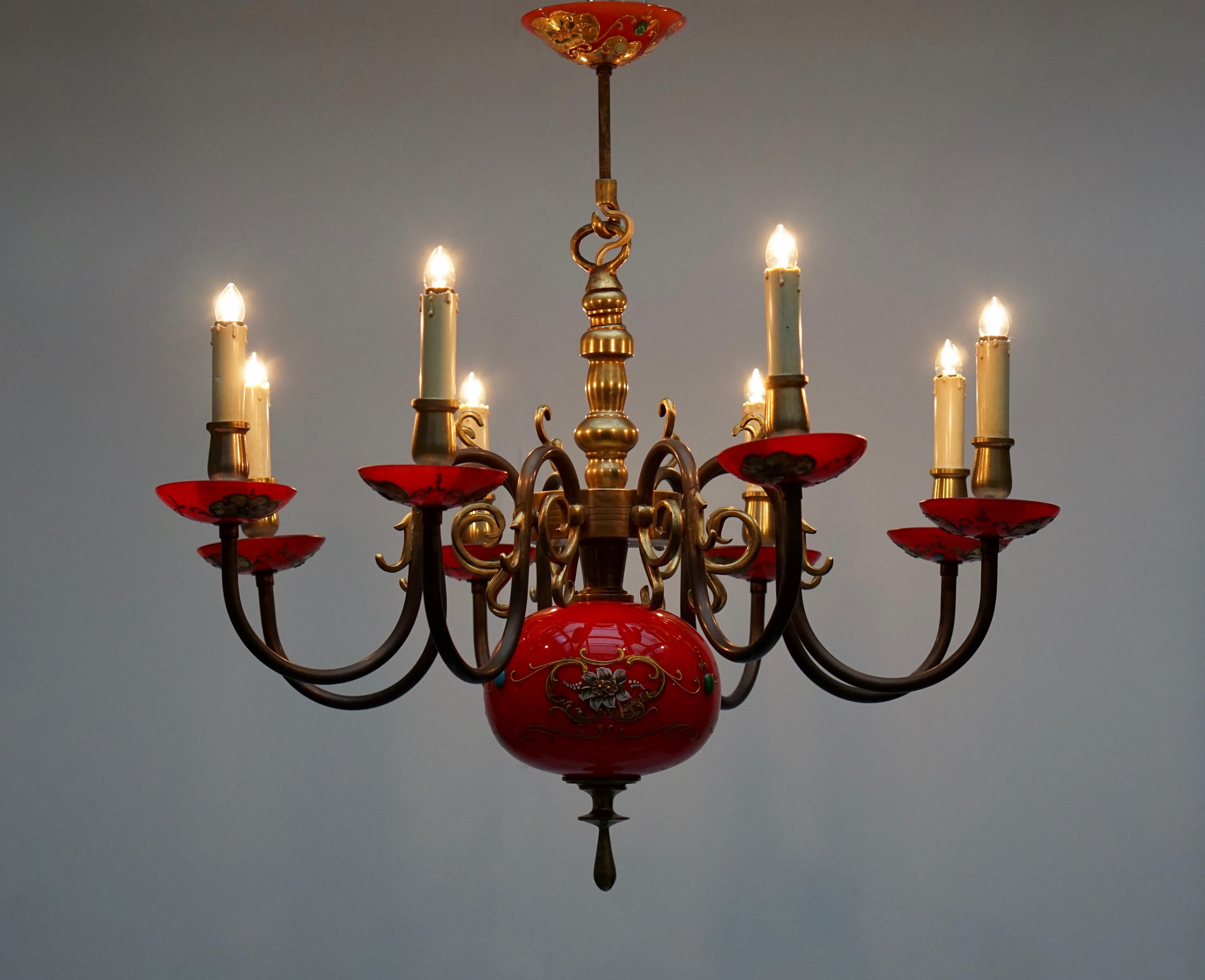 Italienischer Kronleuchter aus Bronze und rotem Muranoglas 6