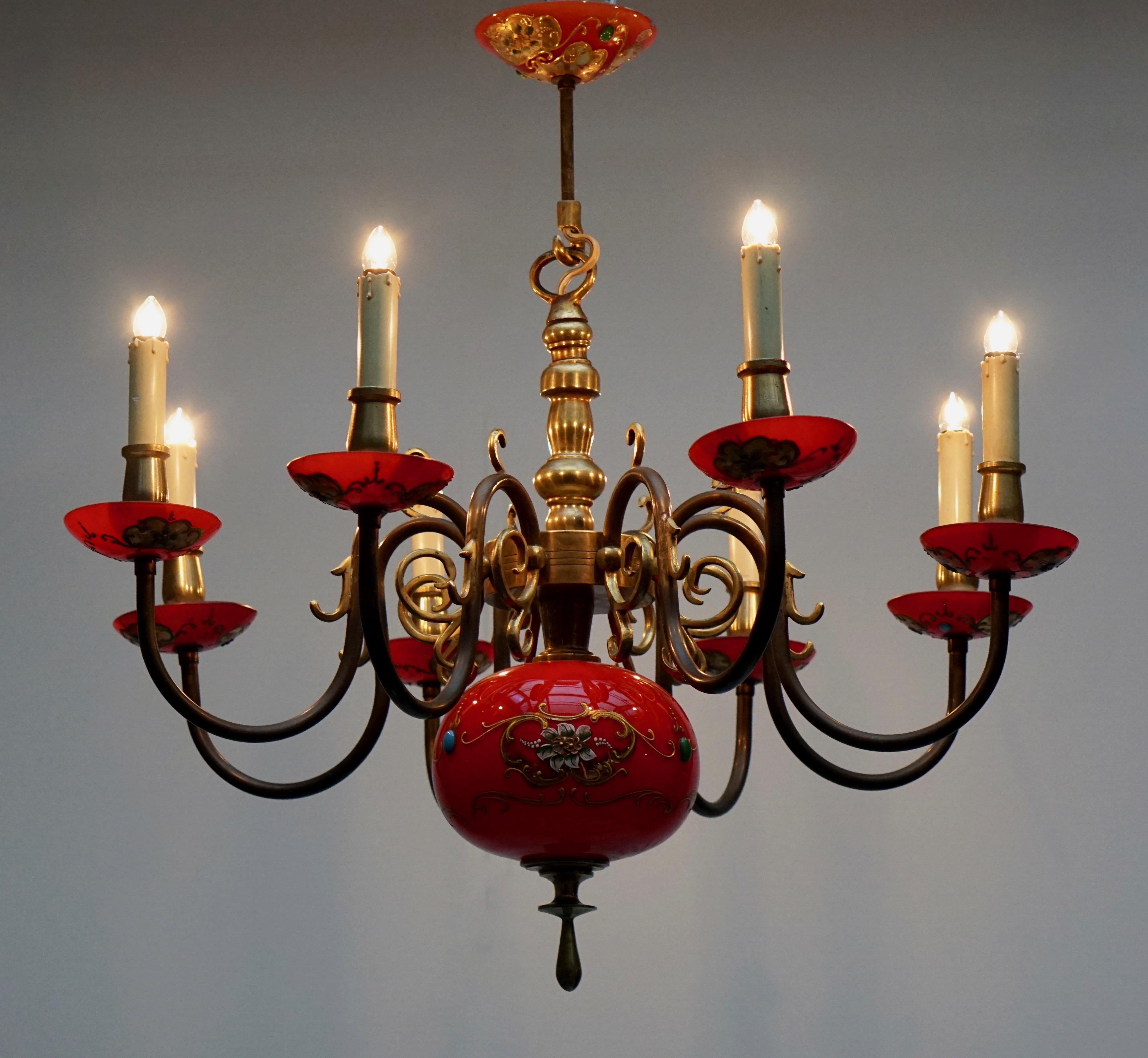 Italienischer Kronleuchter aus Bronze und rotem Muranoglas 7
