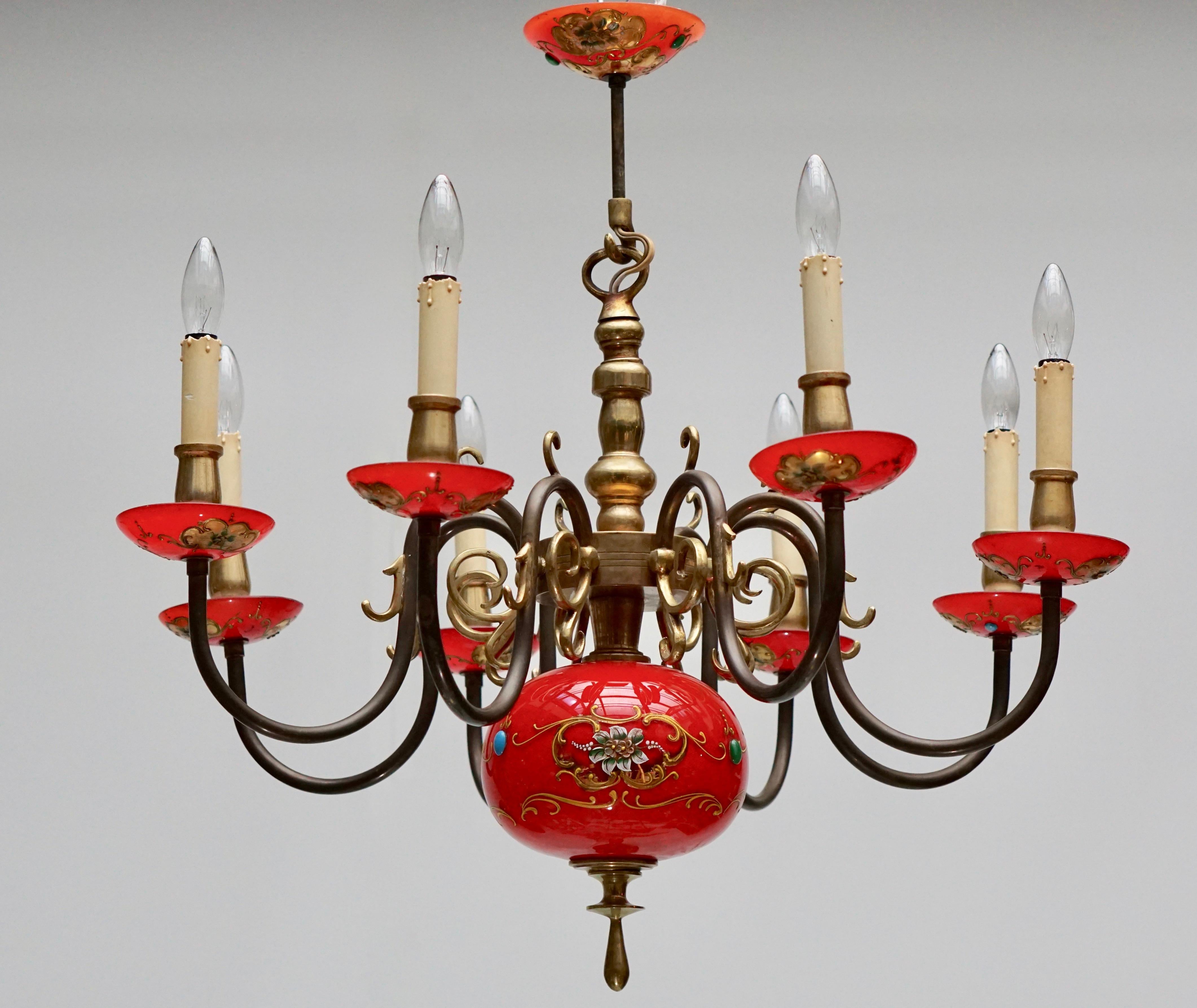 Eight arm chandelier in bronze and Murano glass, Italy.
The light requires eight single E27 screw fit lightbulbs (60 Watt max.) LED compatible.

 