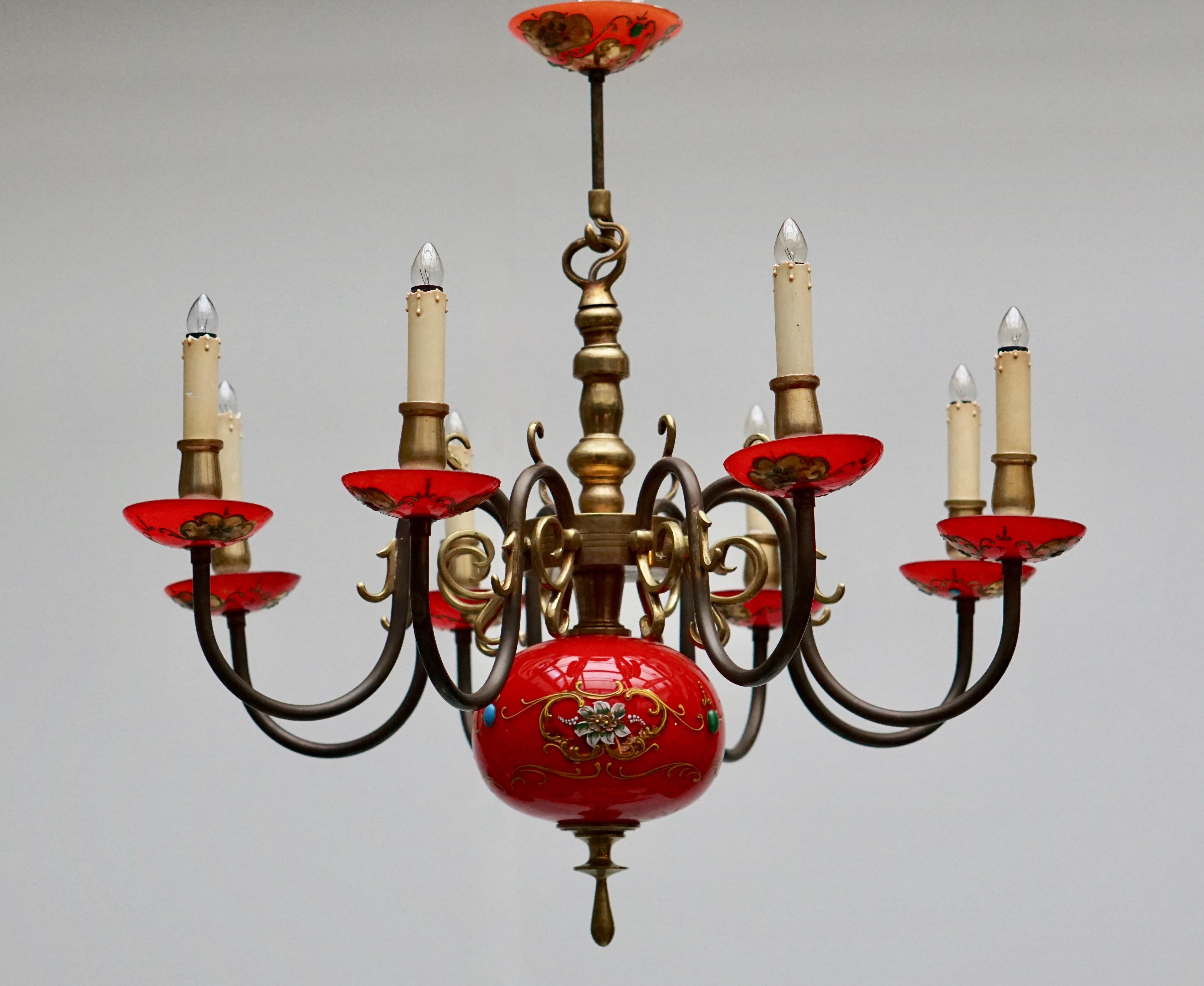 20th Century Italian Bronze and Red Murano Glass Chandelier