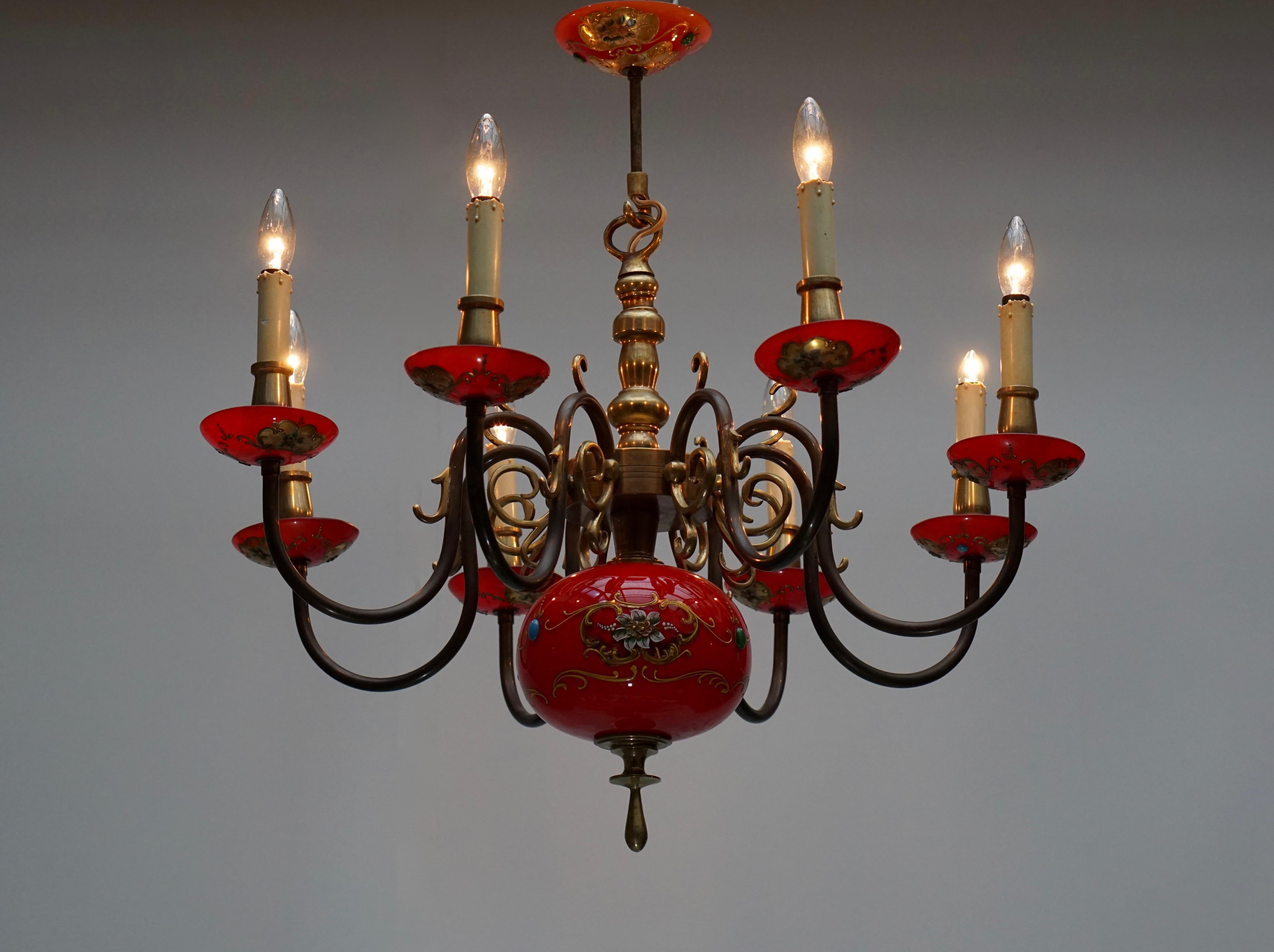 Italian Bronze and Red Murano Glass Chandelier 1