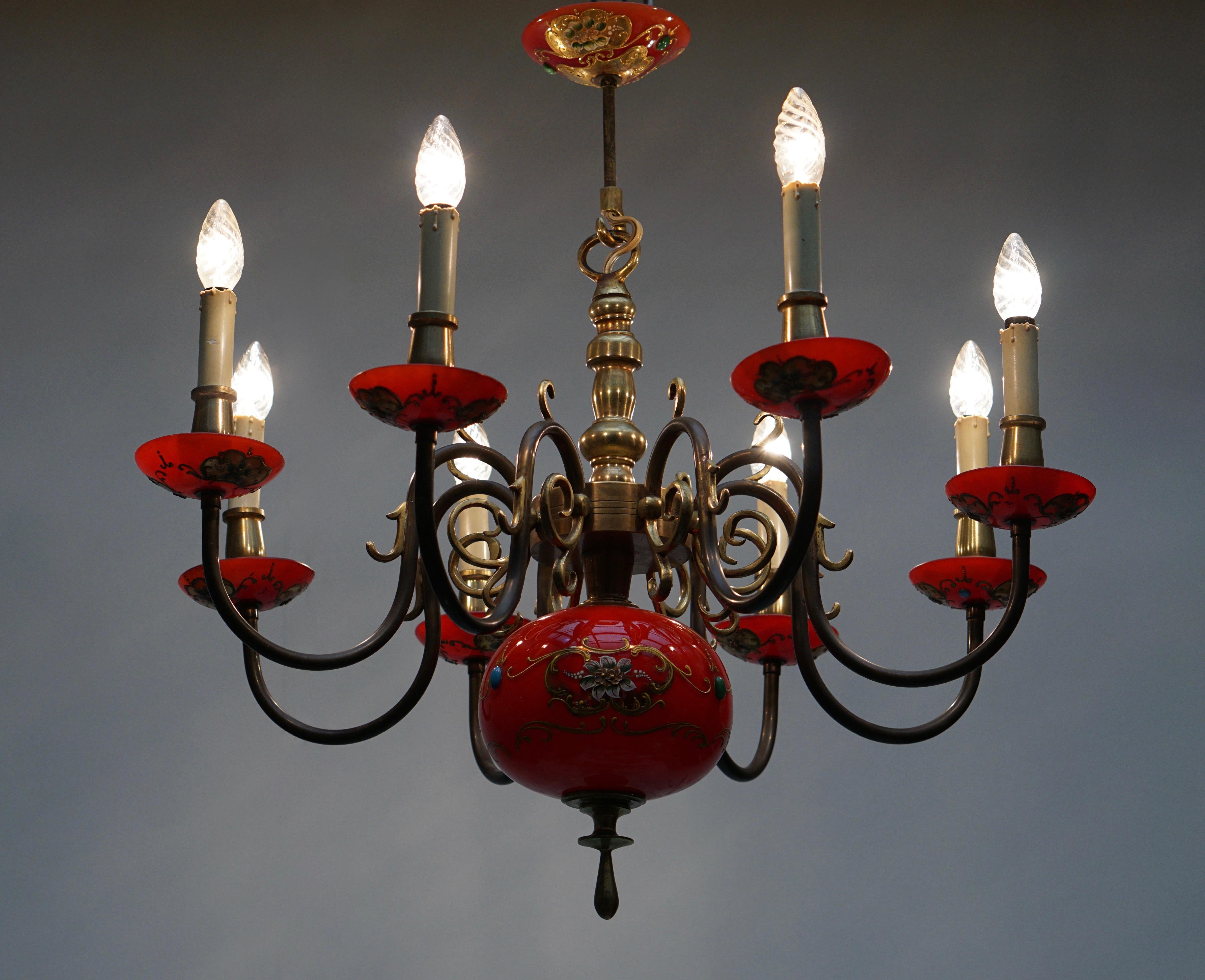 Italian Bronze and Red Murano Glass Chandelier 2