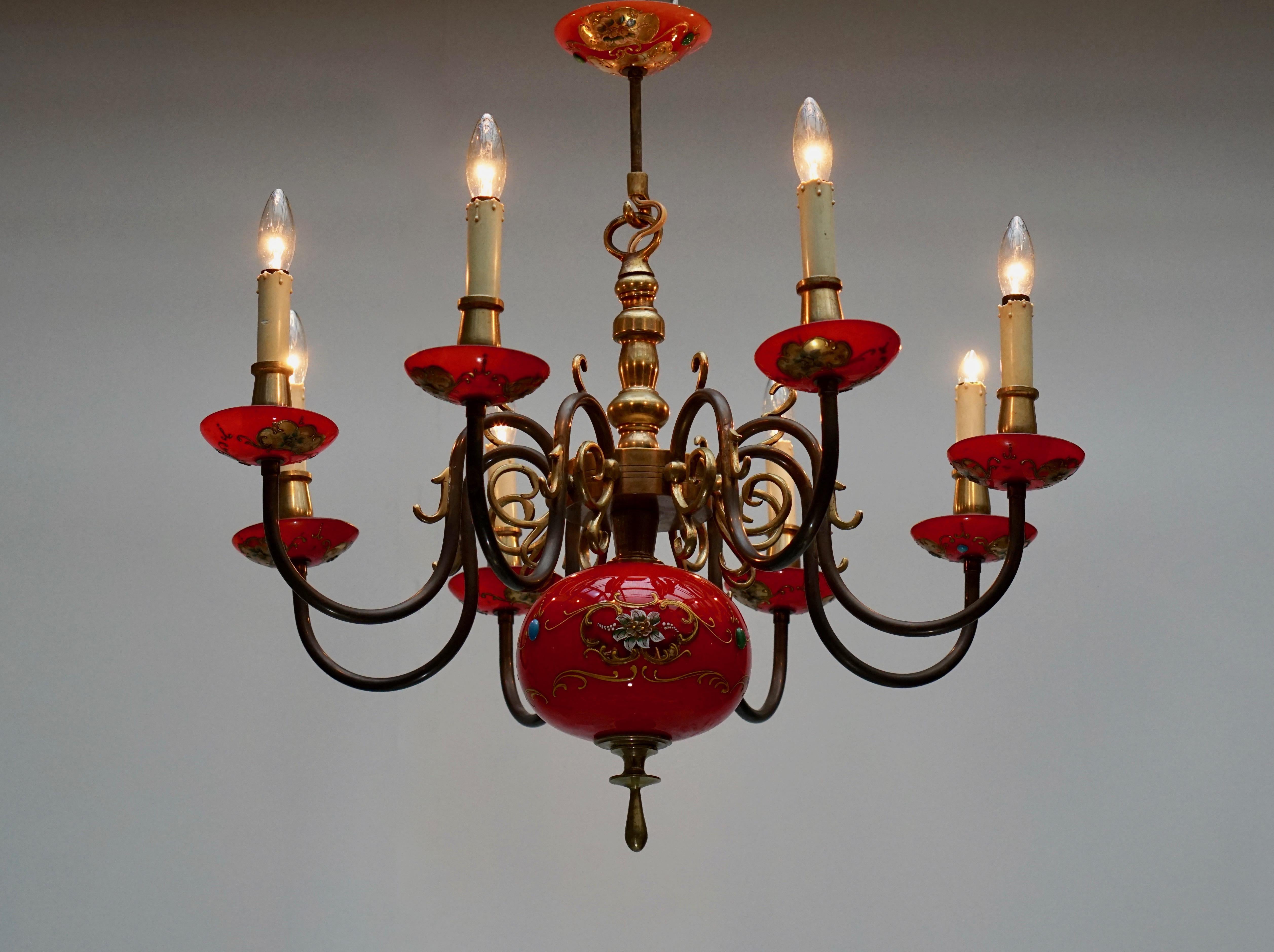 Italienischer Kronleuchter aus Bronze und rotem Muranoglas 4