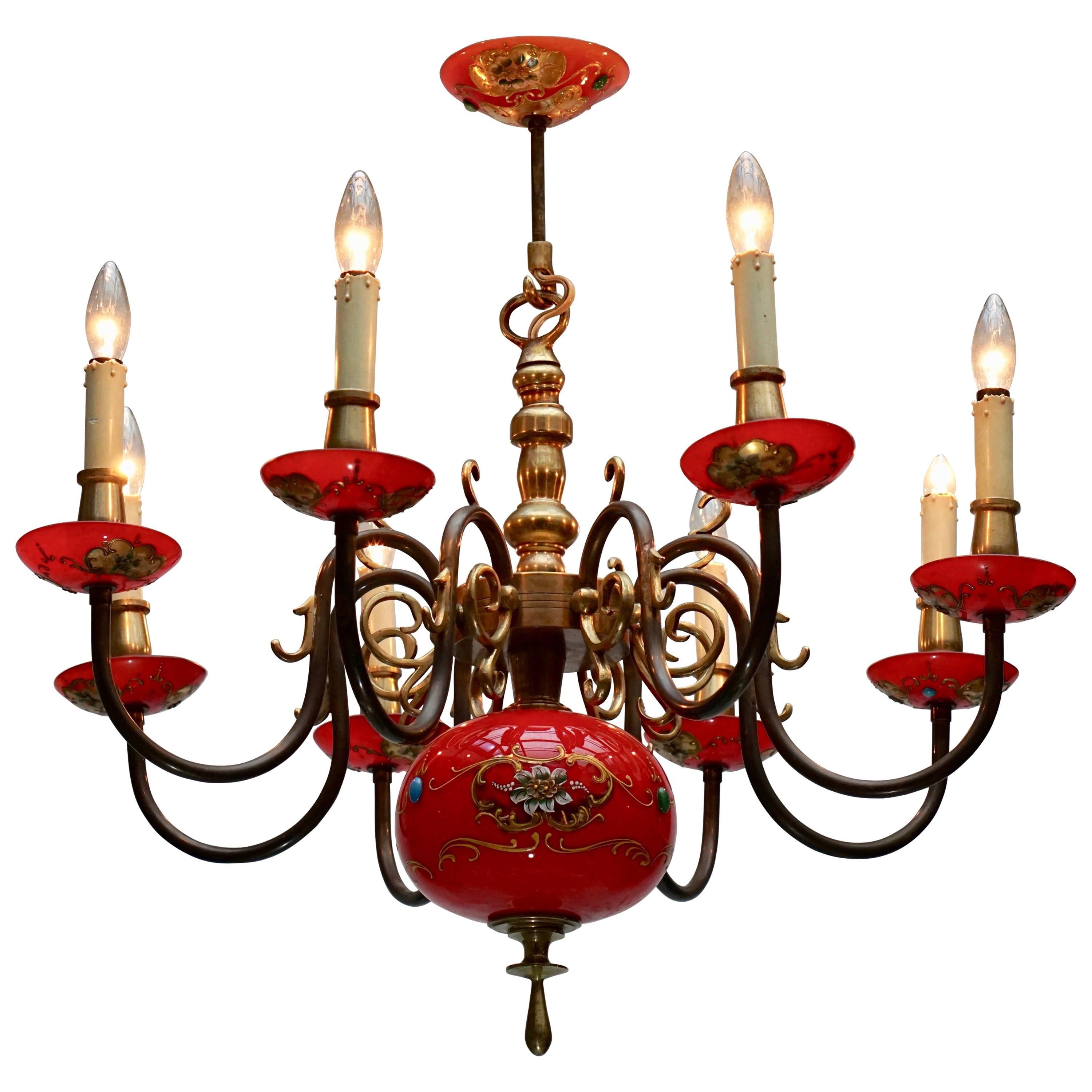Italian Bronze and Red Murano Glass Chandelier