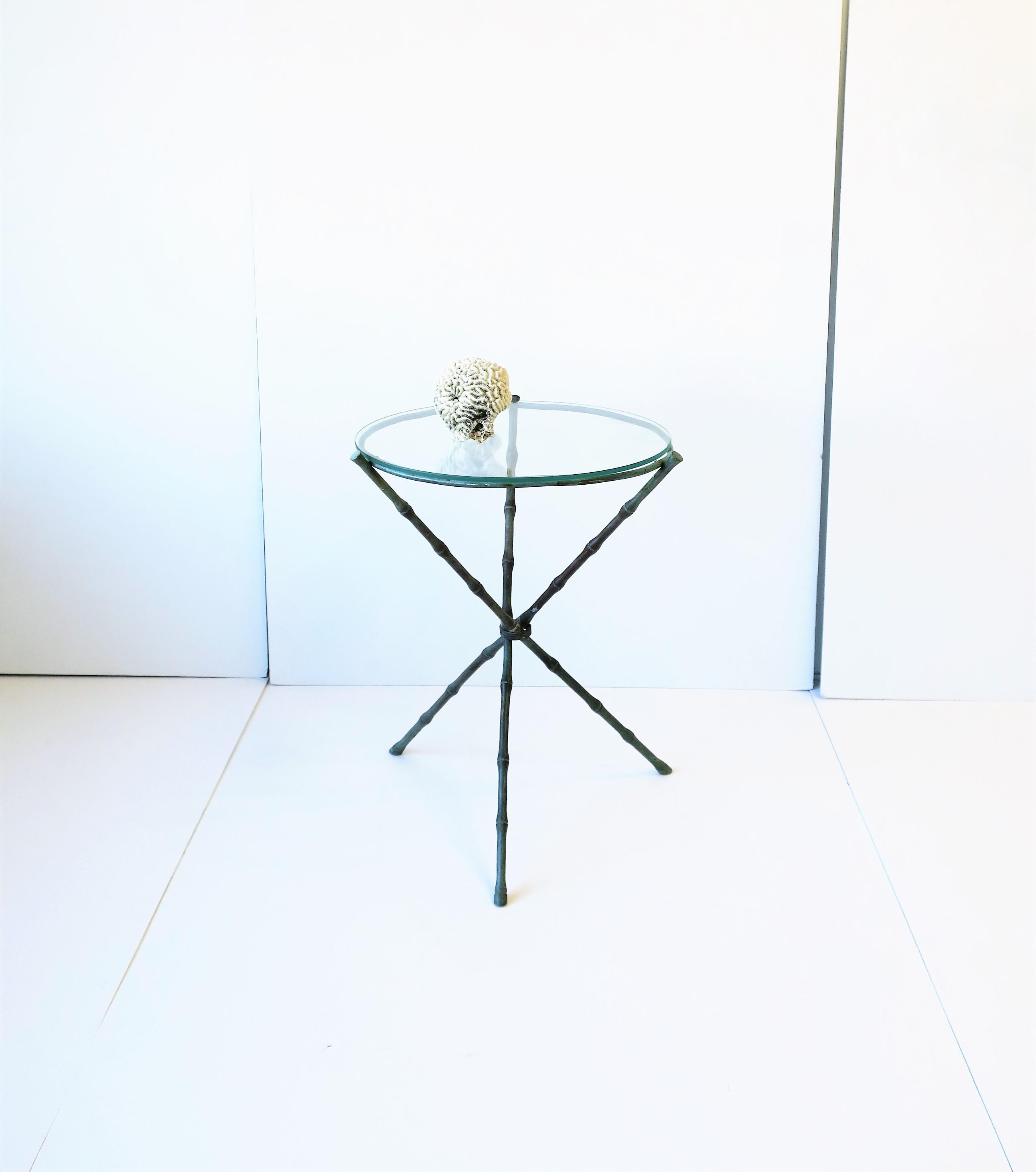 Italian Round Brass Bronze and Glass Tripod Side Table with Bamboo Design 6