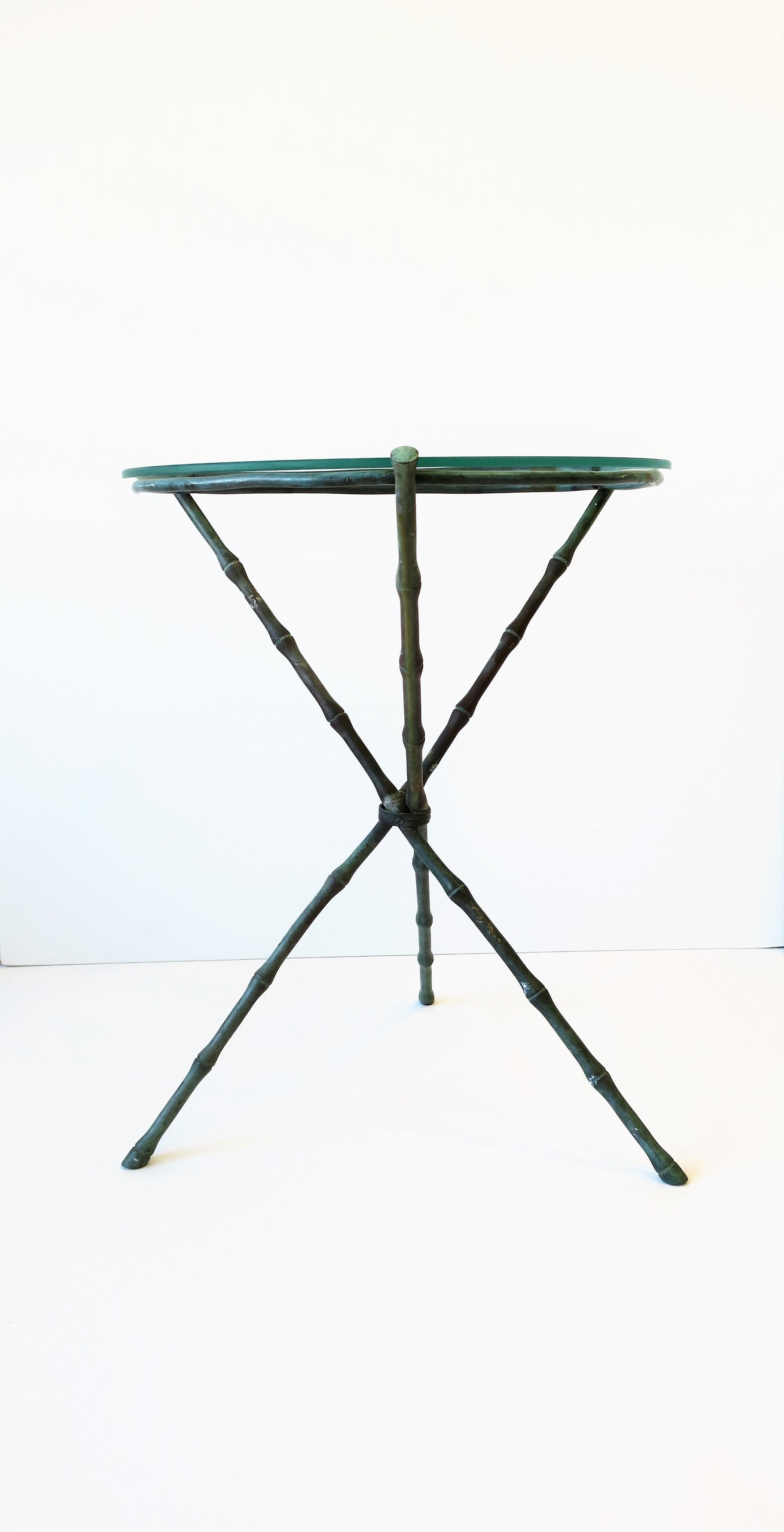 20th Century Italian Round Brass Bronze and Glass Tripod Side Table with Bamboo Design
