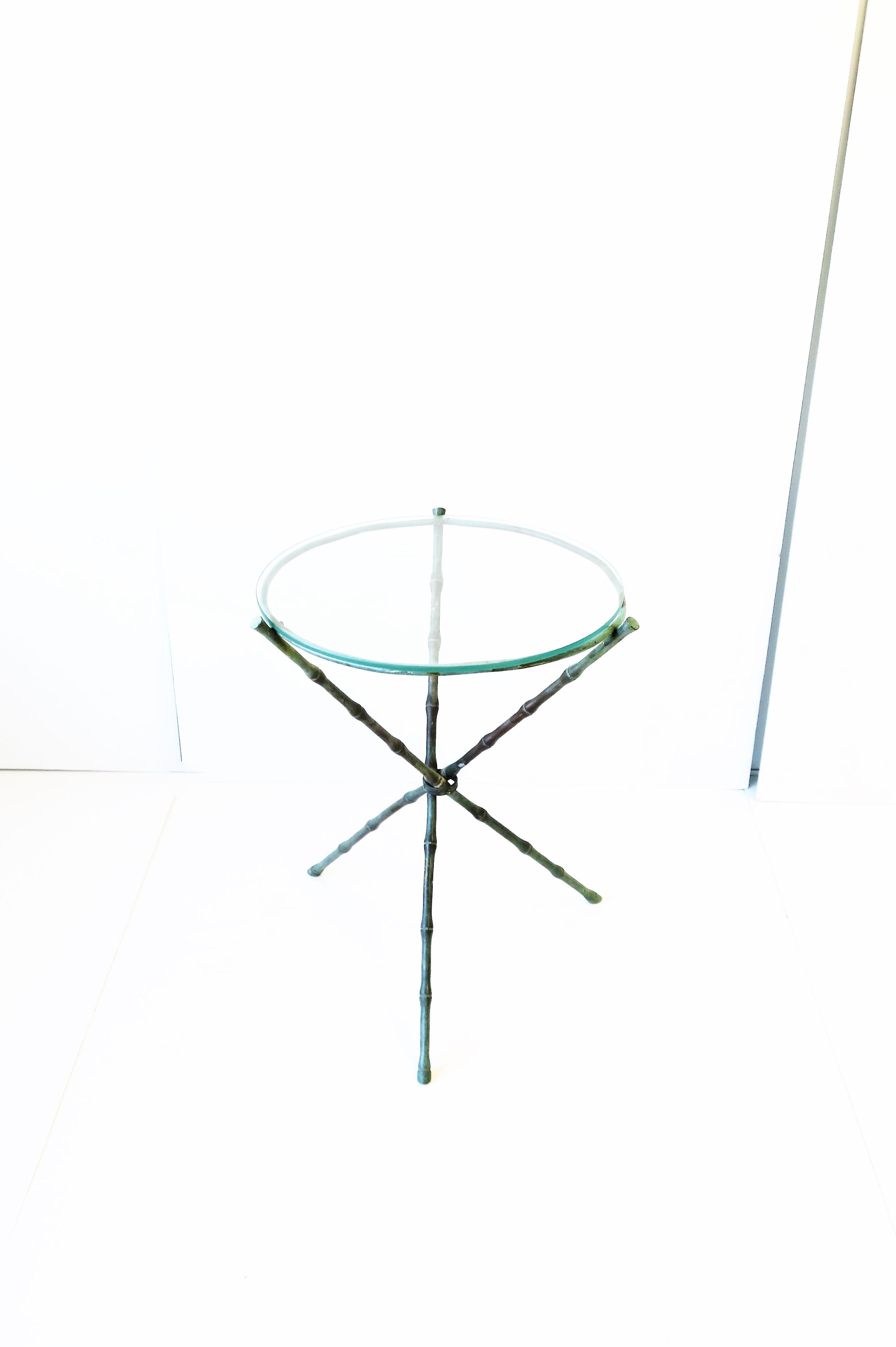 Italian Round Brass Bronze and Glass Tripod Side Table with Bamboo Design 1