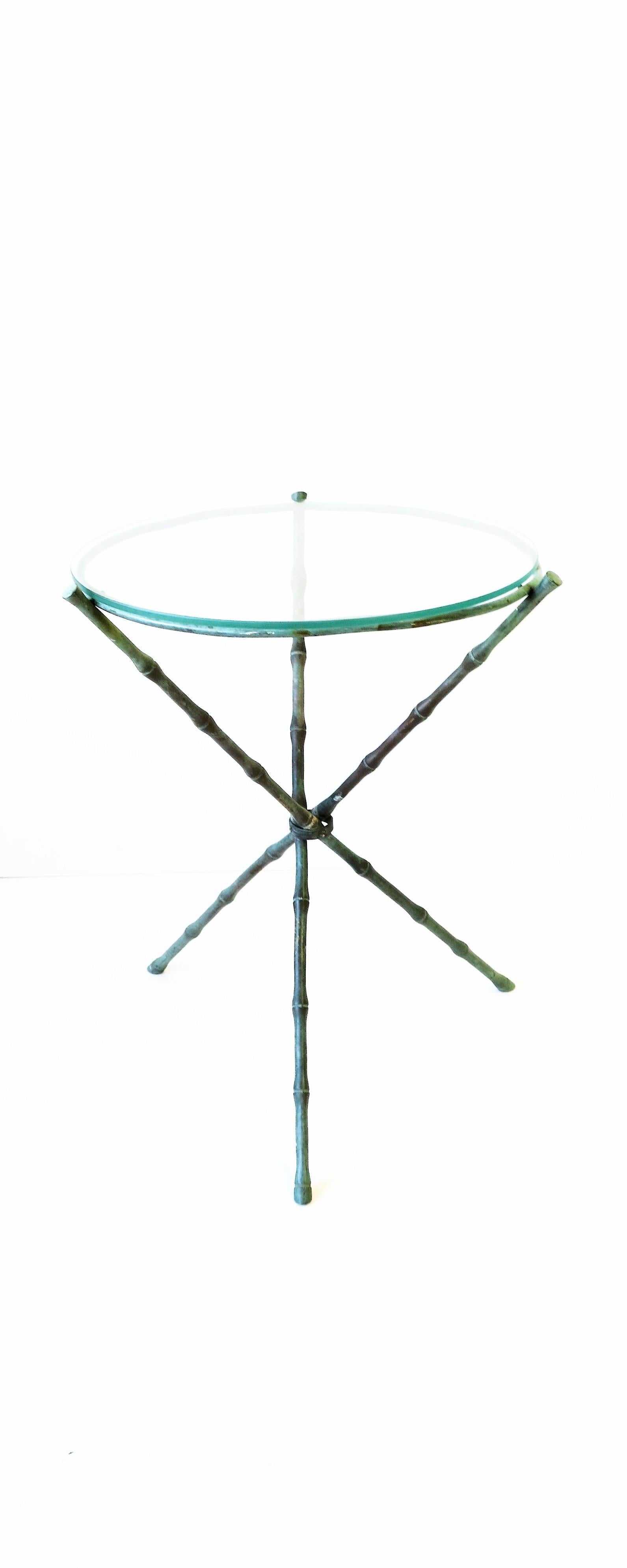 Italian Round Brass Bronze and Glass Tripod Side Table with Bamboo Design 2
