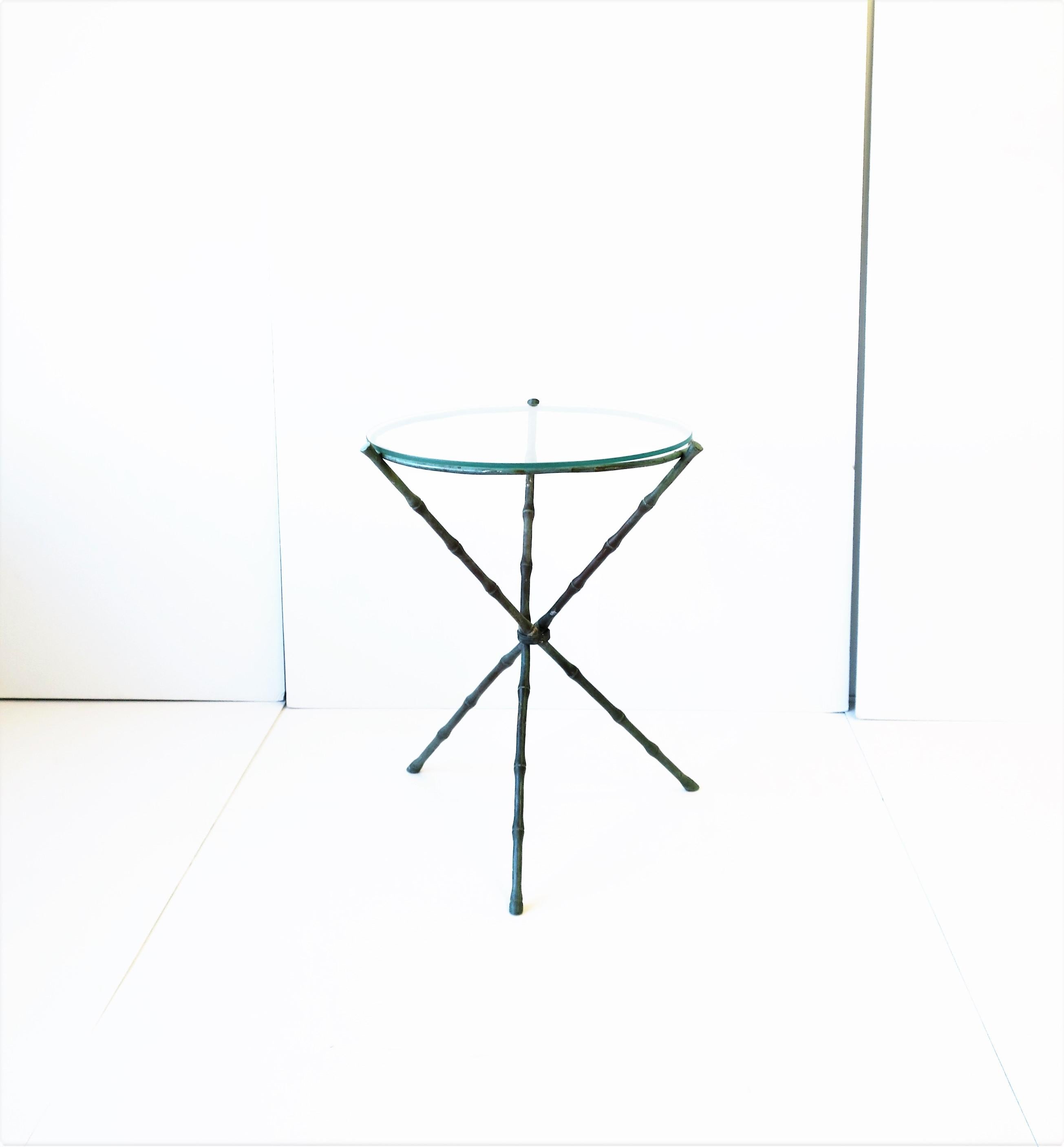 Italian Round Brass Bronze and Glass Tripod Side Table with Bamboo Design 3