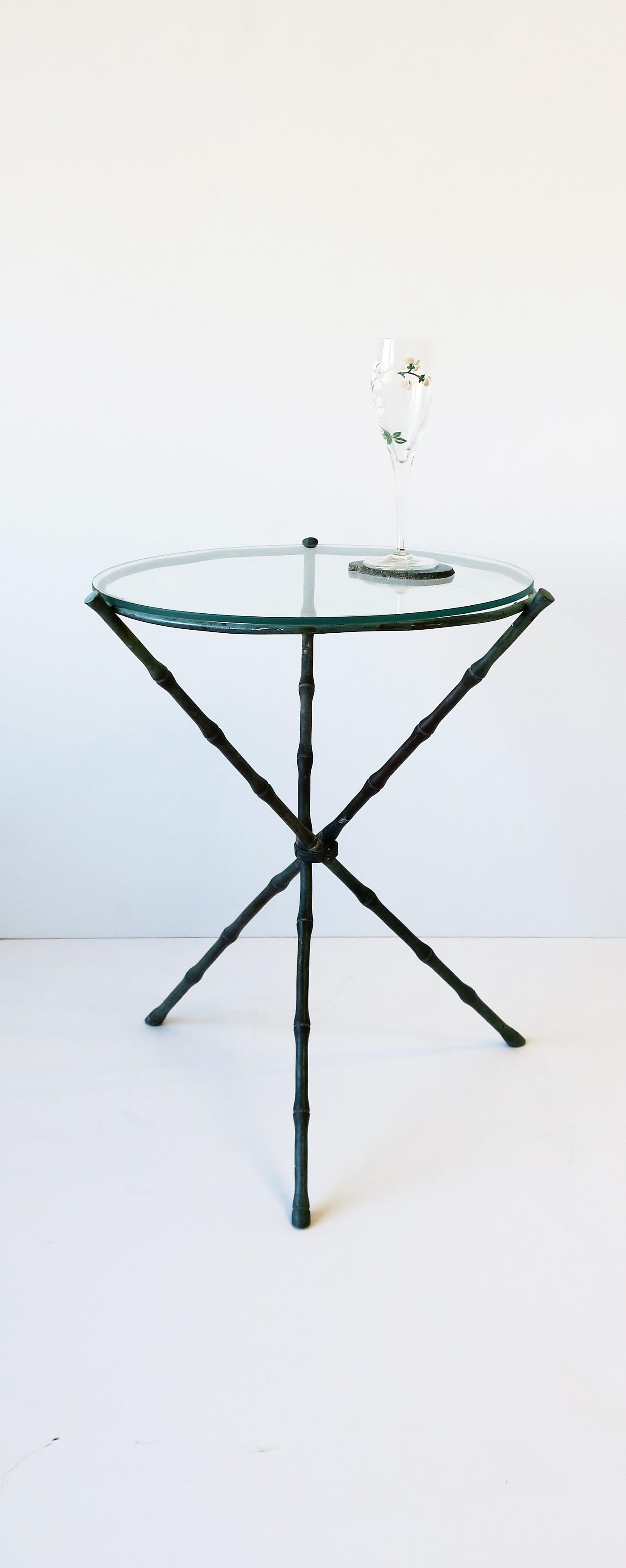 Italian Round Brass Bronze and Glass Tripod Side Table with Bamboo Design 4