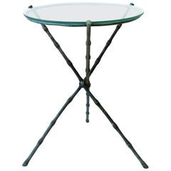 Italian Round Brass Bronze and Glass Tripod Side Table with Bamboo Design