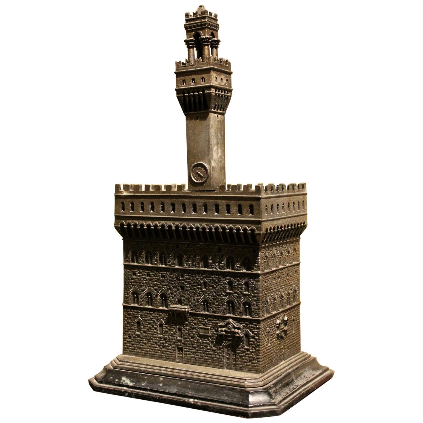 Italian Bronze and Metal Jewelry Box Modeled as Palazzo Vecchio, Florence, 1940s