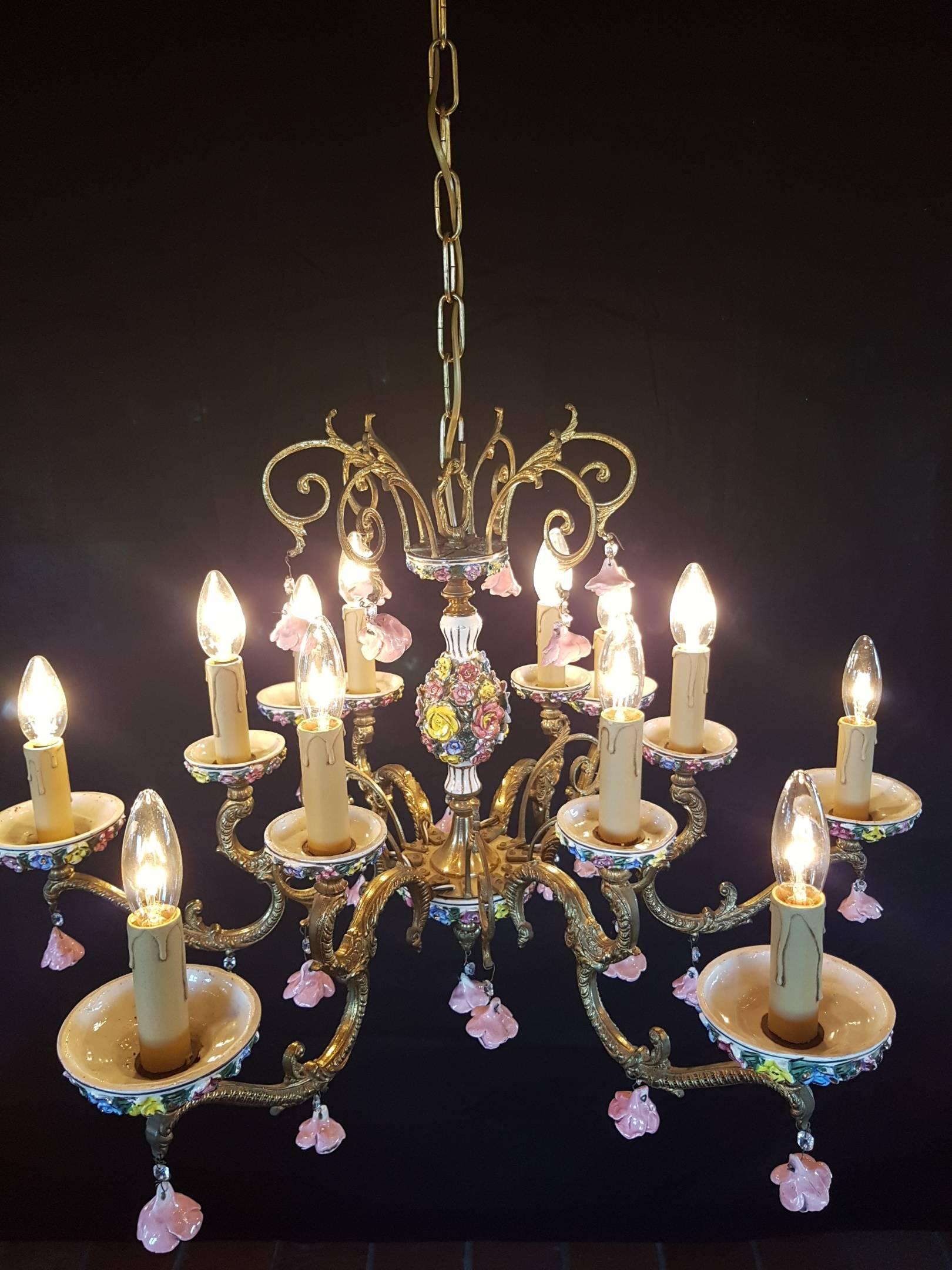 Italian Bronze and Porcelain Chandelier with Flowers, 12 Lights, 20th Century For Sale 9