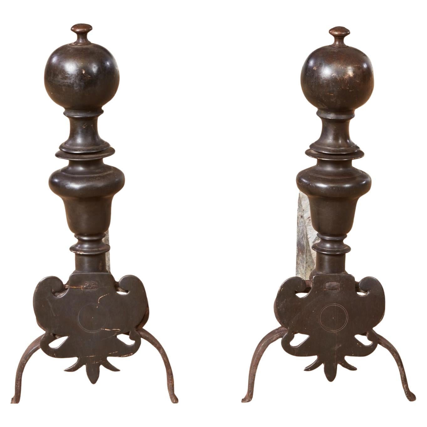 Andirons en bronze italiens C.I.C. 1680 en vente