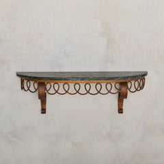 Italian Bronze Base Wall-Mounted Demilune Console with Green Marble Top, 1950s