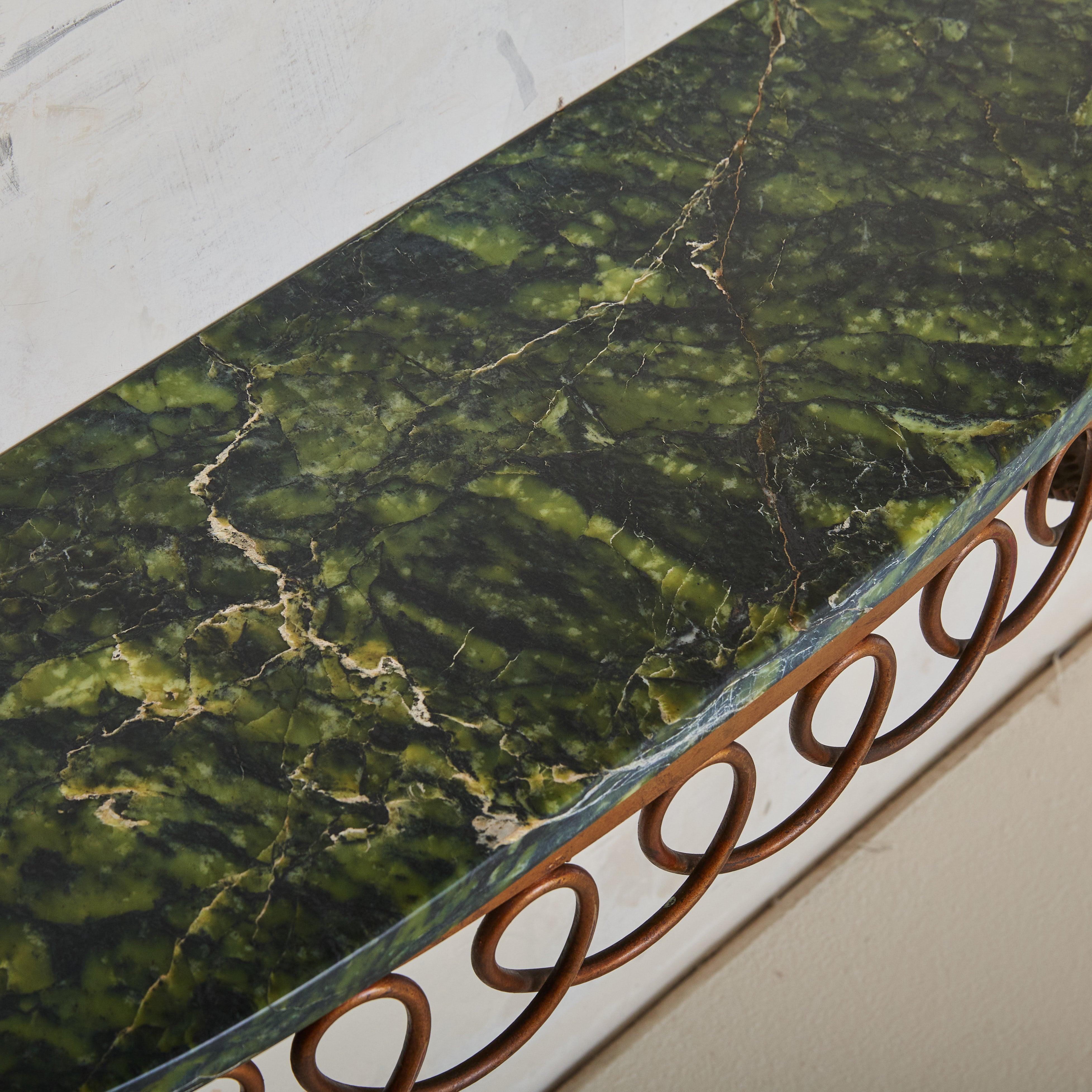 Neoclassical Revival Italian Bronze Base Wall-Mounted Demilune Console with Green Marble Top, 1950s