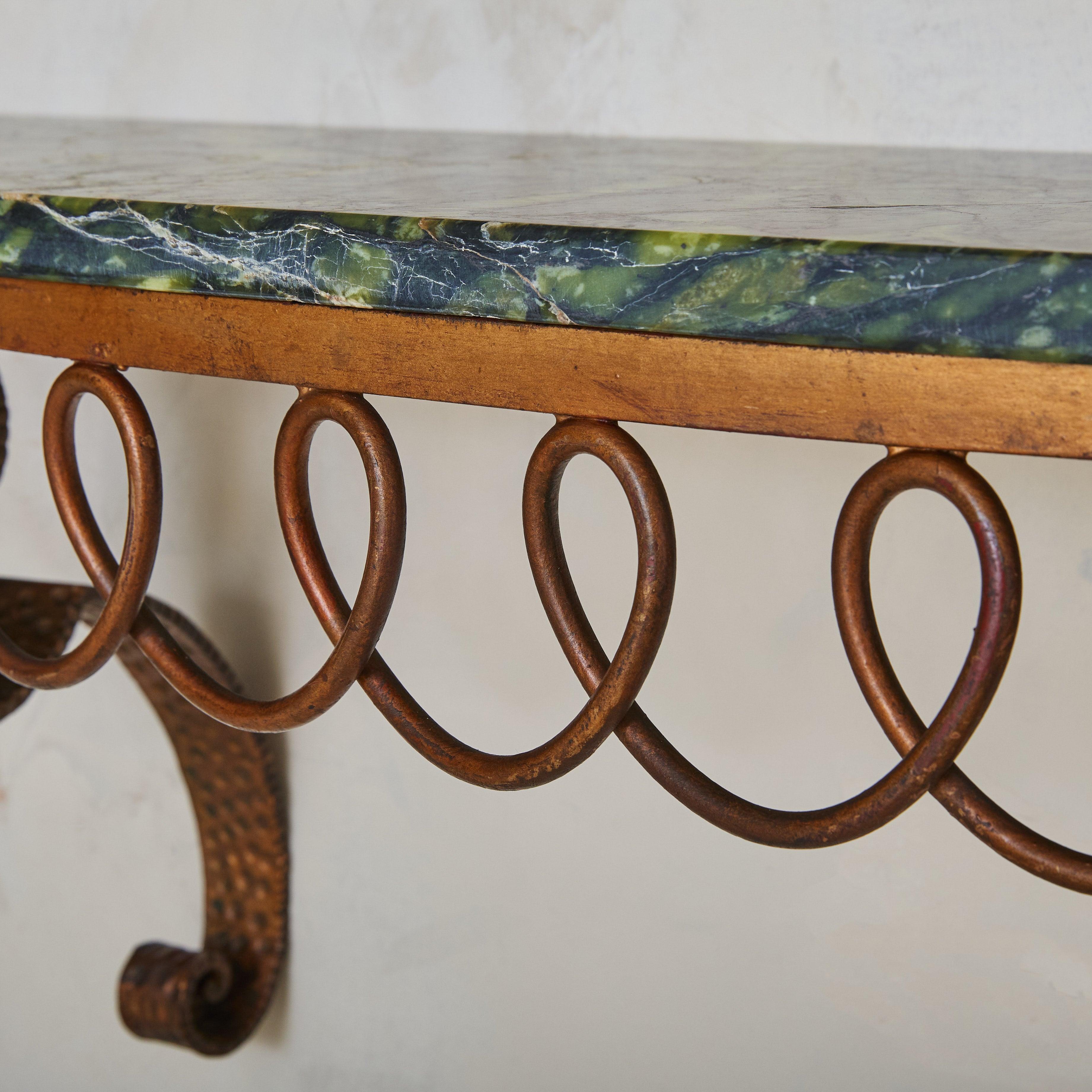 Mid-20th Century Italian Bronze Base Wall-Mounted Demilune Console with Green Marble Top, 1950s