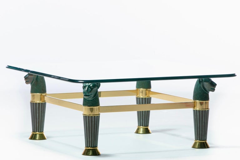 Italian Bronze & Brass Panther Head Coffee Table, c. 1980 In Good Condition For Sale In Saint Louis, MO