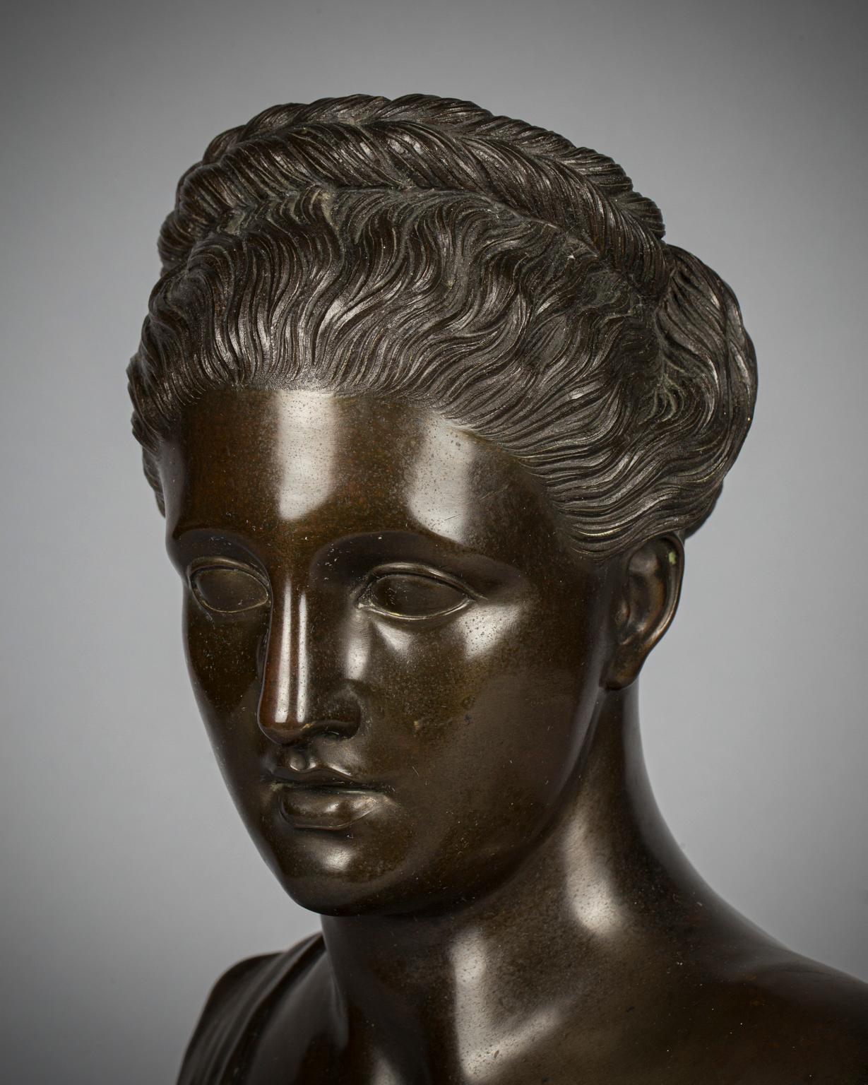 Italian Bronze Bust of a Woman on a Marble Stand, Circa 1850 In Good Condition For Sale In New York, NY