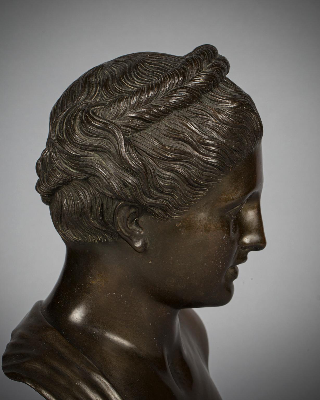 19th Century Italian Bronze Bust of a Woman on a Marble Stand, Circa 1850 For Sale