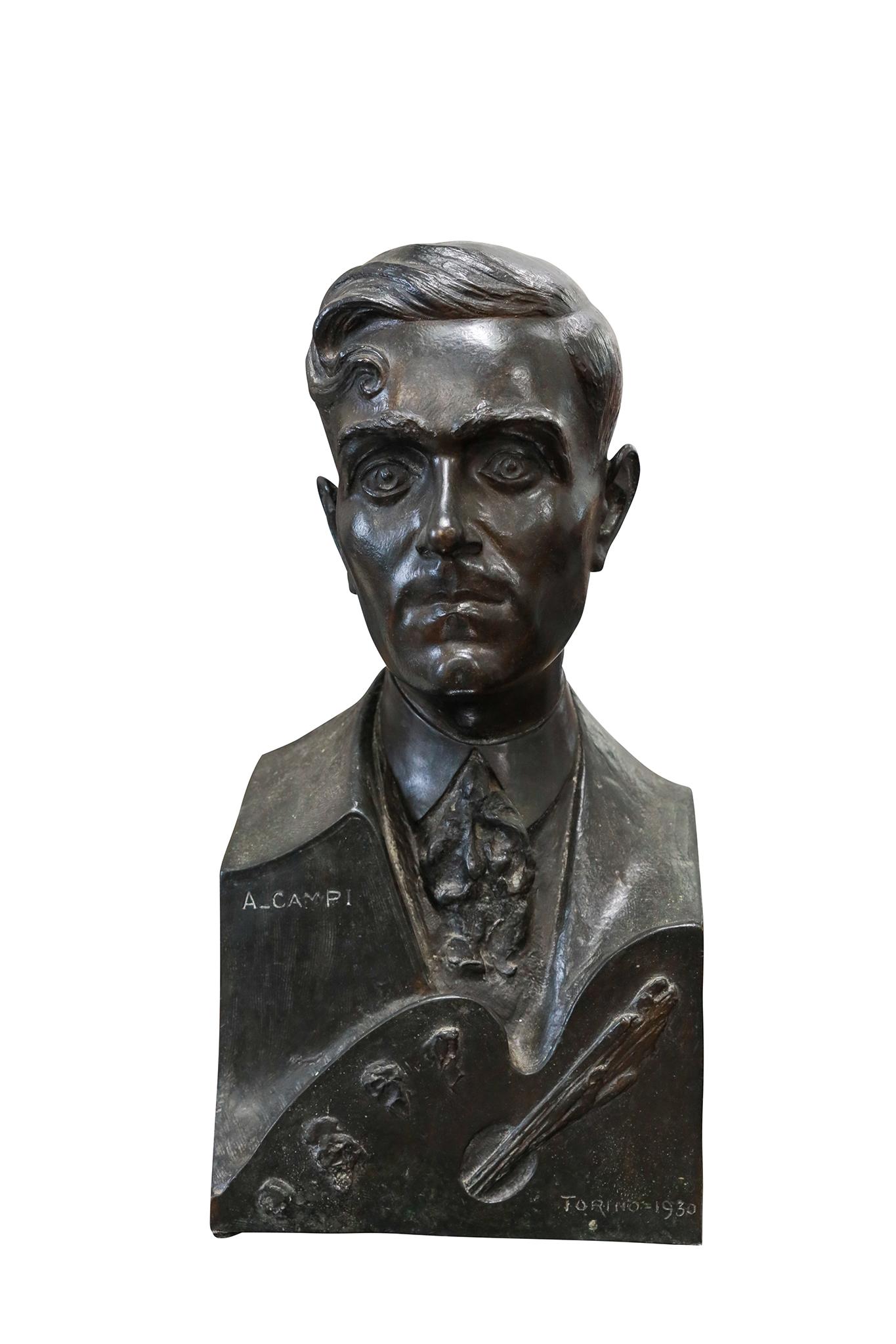 Signed Italian Bronze Bust of Artist A. Campi. Great quality and patina. Circa 1900.

Dimensions: 20 1/4